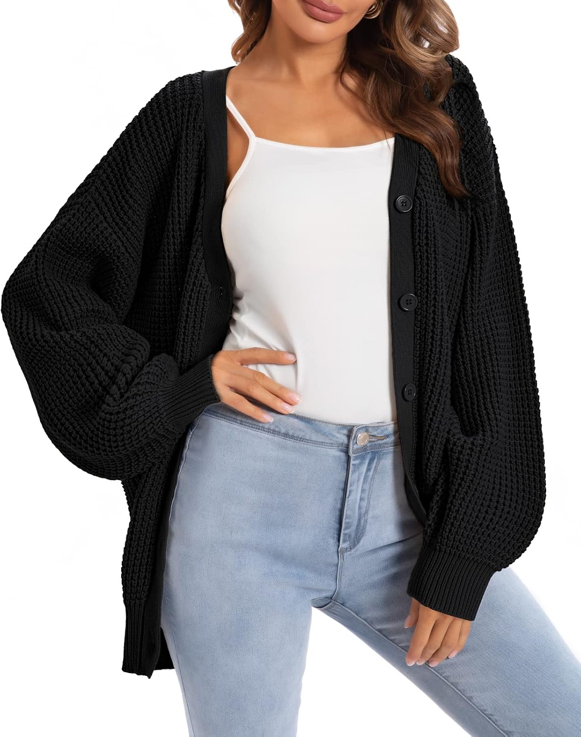 Detalle de QUALFORT Cardigan Oversized 100% Cotton Button-Down 🍂