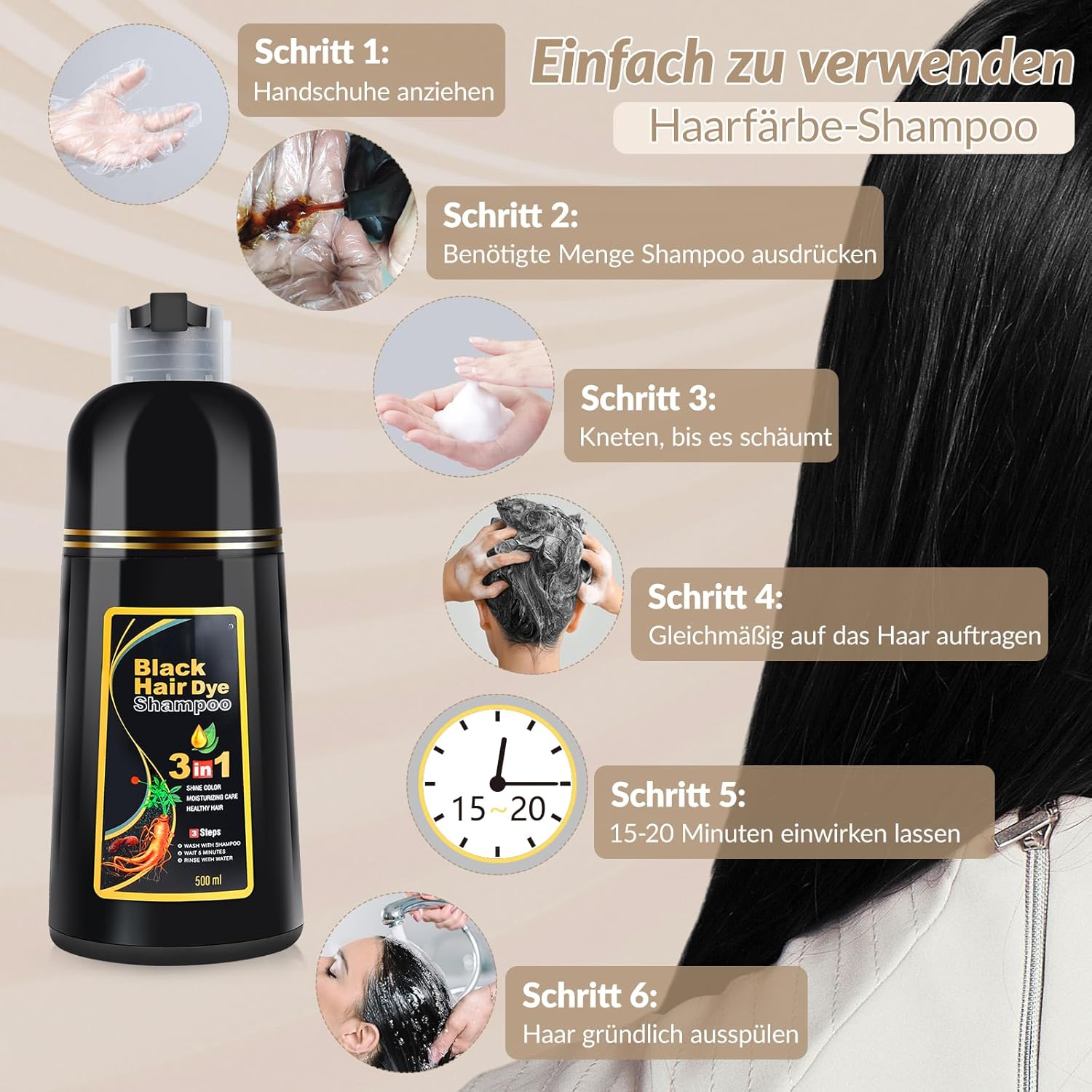 Thumbnail 2 de Black Hair Dye Shampoo 3-in-1 – schwarzes Haarfärbeshampoo mit Ginseng-Extrakt (500 ml)