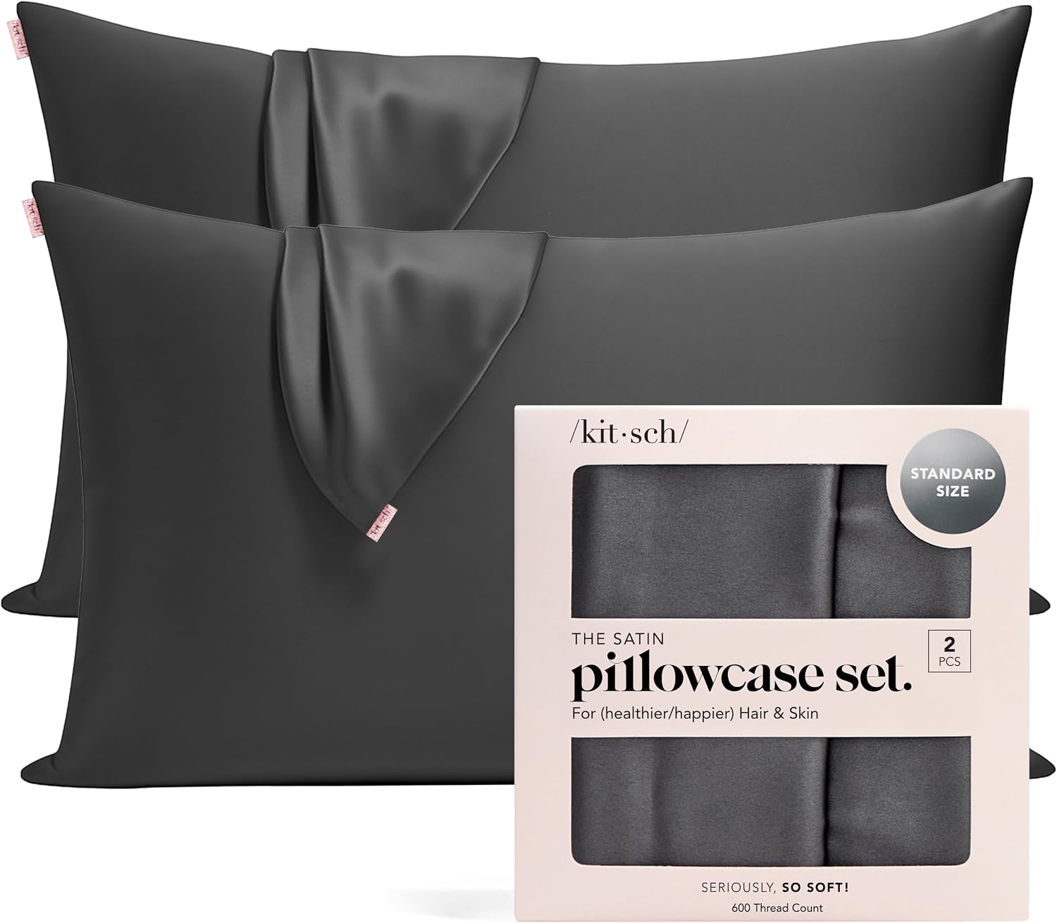 Detalle de Kitsch 62293 Satin Pillowcases, Standard 19" x 26", Charcoal, 2-Pack