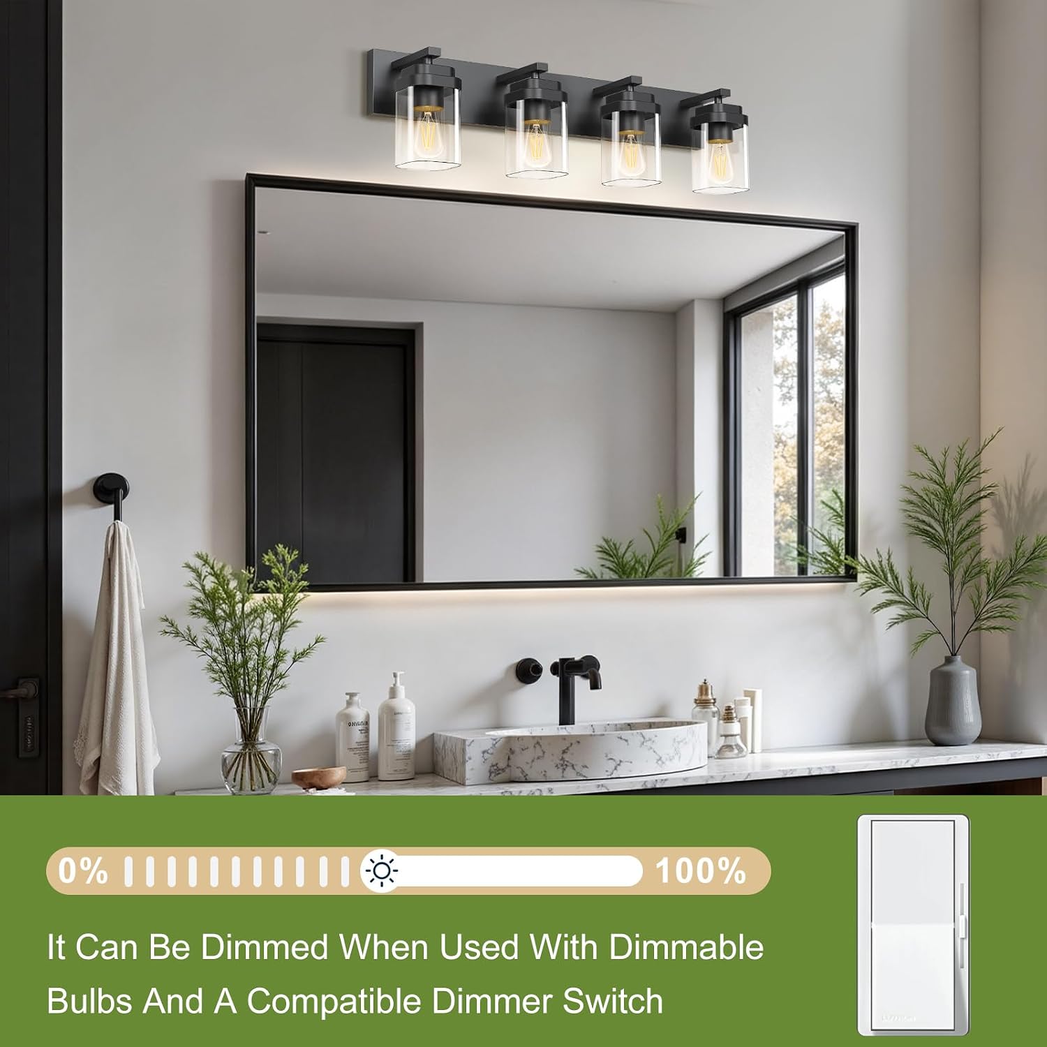 Thumbnail 6 de LKHF HL102-4T-BK 4-Light Black Vanity Fixture with Square Glass Shades