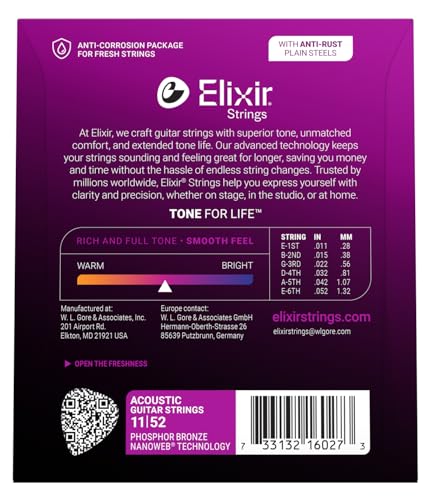 Detalle de Elixir Strings Acoustic Guitar Set, Phosphor Bronze with NANOWEB Technology (Custom Light 11-52)