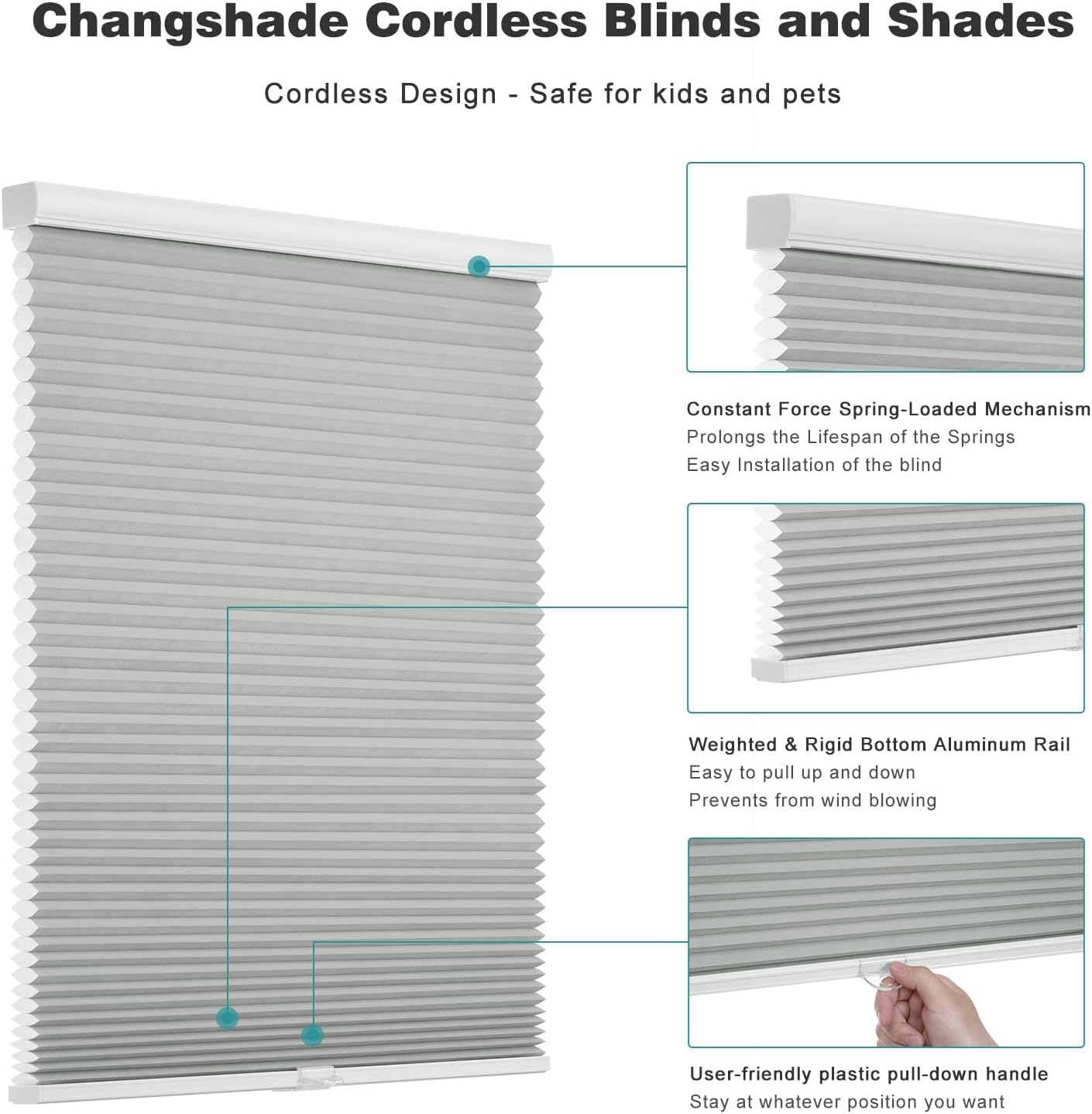 Detalle de Changshade Shade Cordless Cellular Window Shade, Gray, 32" x 48