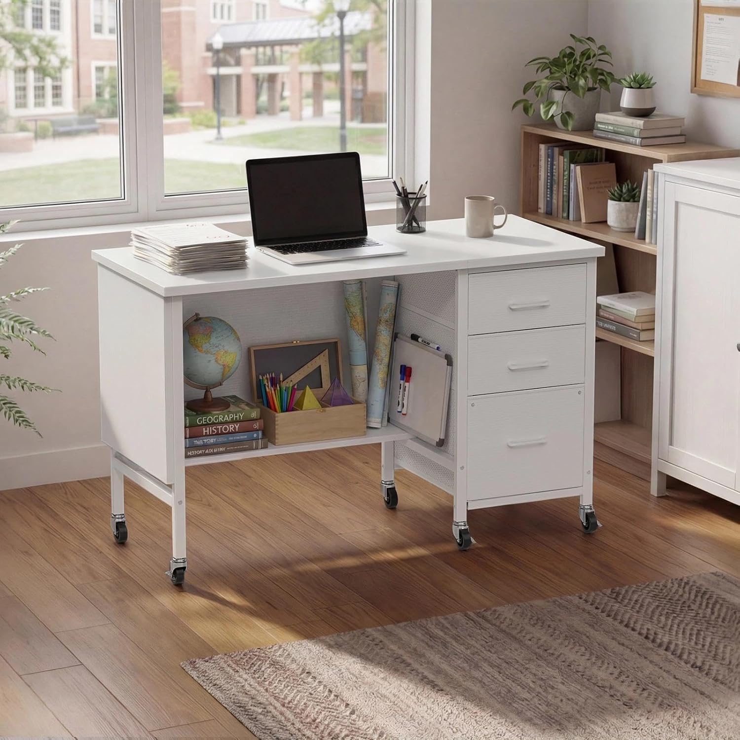 Detalle 2 de WINAZ WIN-RTD47-WT Rolling Teacher Desk, 3 Drawers, Privacy Panels