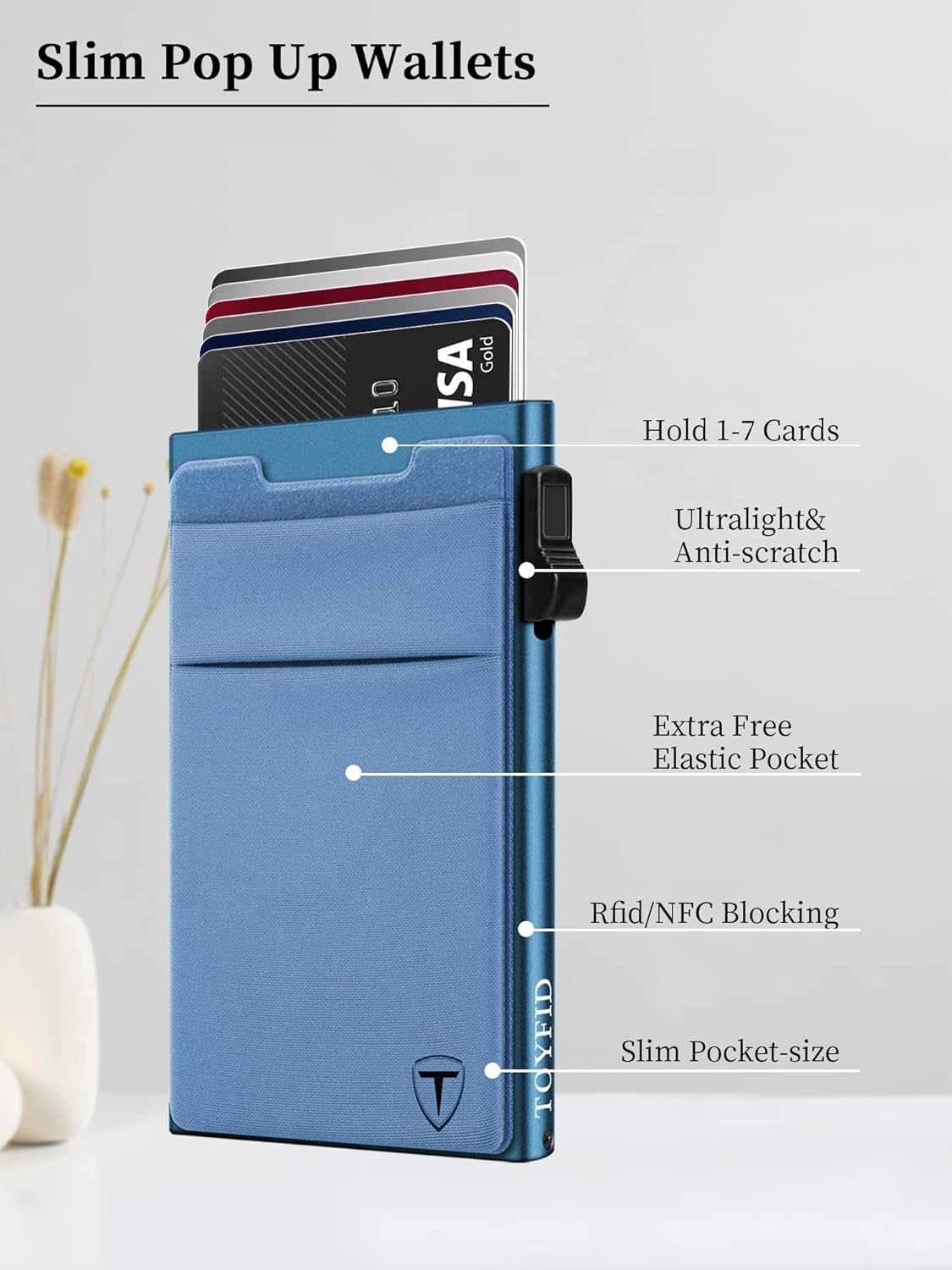 Thumbnail 5 de TOYFID minimalistische Geldbörse mit RFID-Blocker und Pop-up Kartenhalter für bis zu 6 Karten, blau