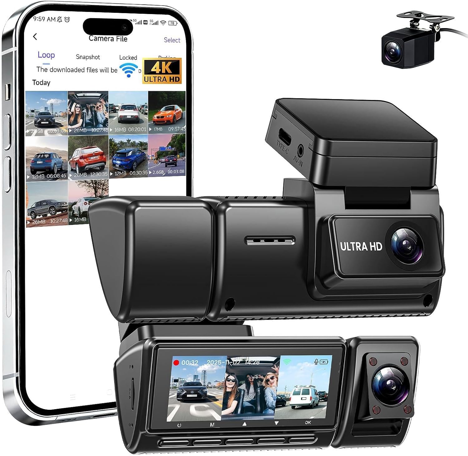 Thumbnail 6 de 360°Dashcam Auto Vorne Hinten 4-Kanal – Panorama-Dashcam mit 4K+1080p, 64GB, IR-Nachtsicht, G-Sensor