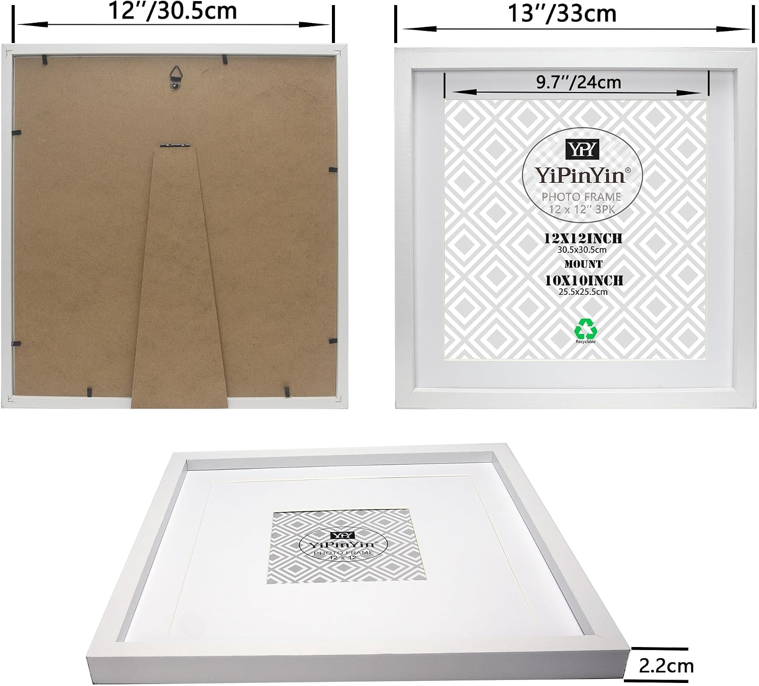 Thumbnail 6 de YiPinYin White 12x12in Square Picture Frame Set of 3 (30x30cm) with Mount