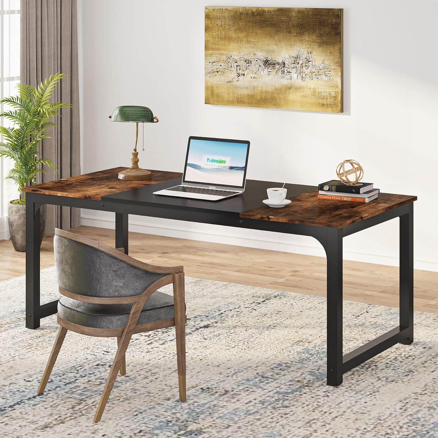 Detalle de Tribesigns Modern Computer Desk (63 x 31.5 inch) in Vintage Black Metal Frame