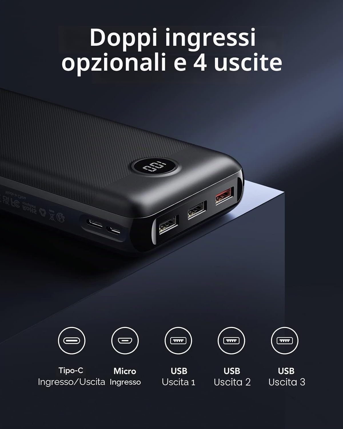Detalle 2 de VEGER Power Bank 30000mAh 20W PD: ricarica rapida e display LED per più dispositivi