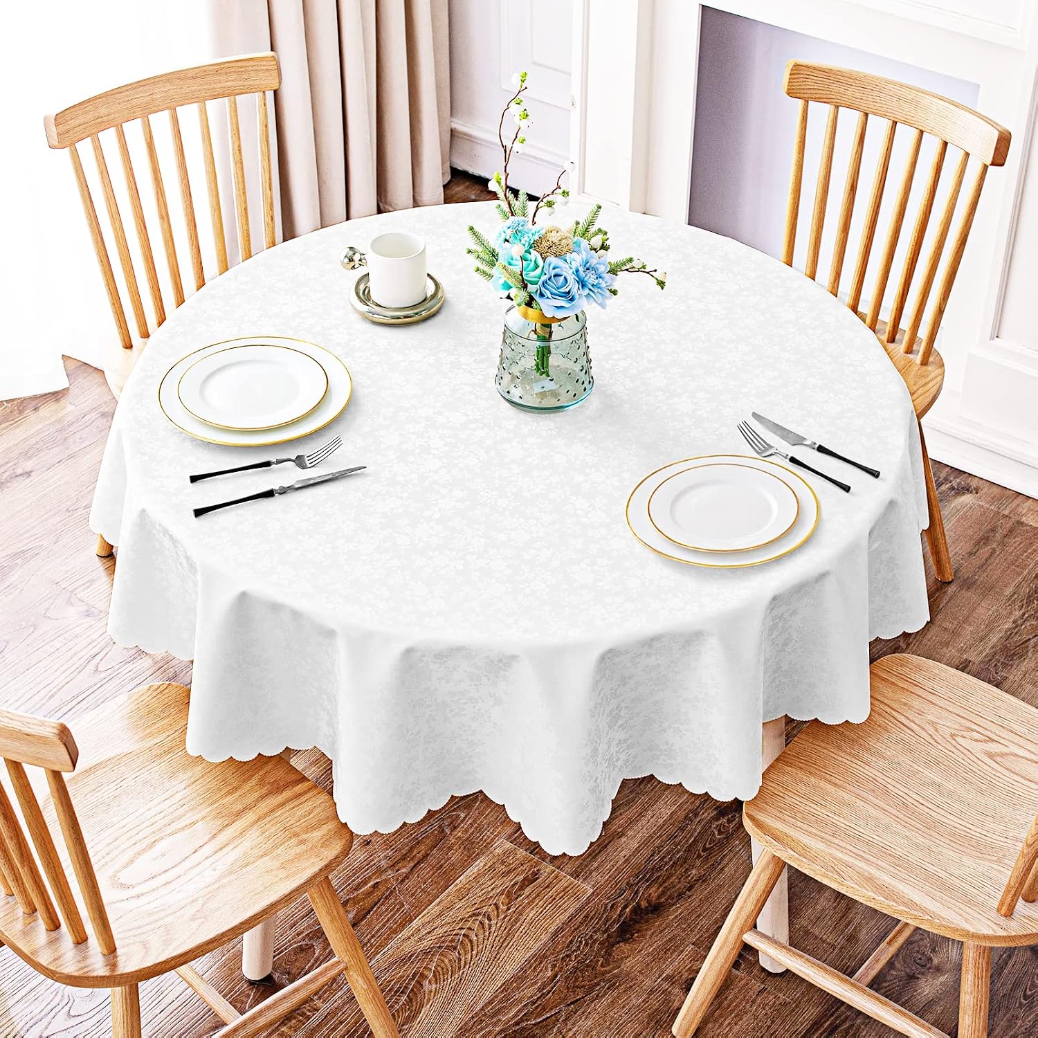 Detalle de Smiry Round Table Cloth, 70" x 70" White Waterproof Heavy-Duty Vinyl Cover