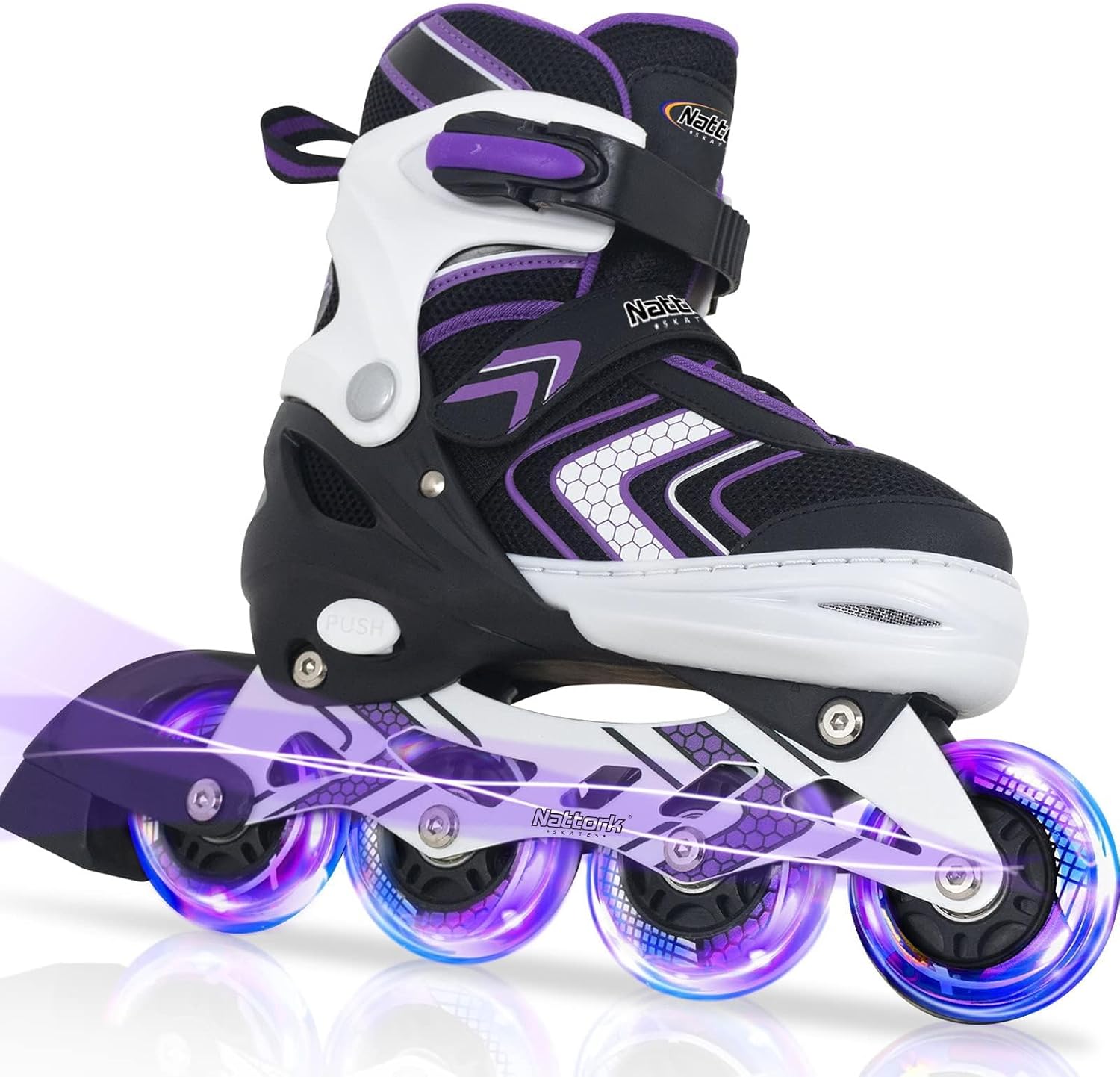 Detalle de Nattork Adjustable Inline Skates with Full Light-Up Wheels for Kids (Purple/Pink/Blue/Black)