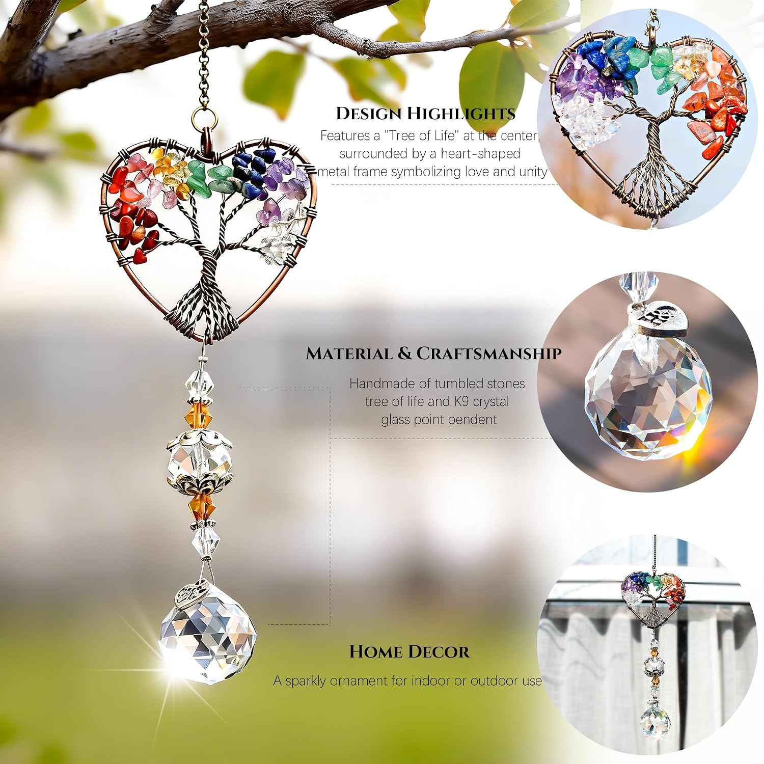 Detalle de H&D HYALINE & DORA Tree of Life Heart Crystal Suncatcher Pendant