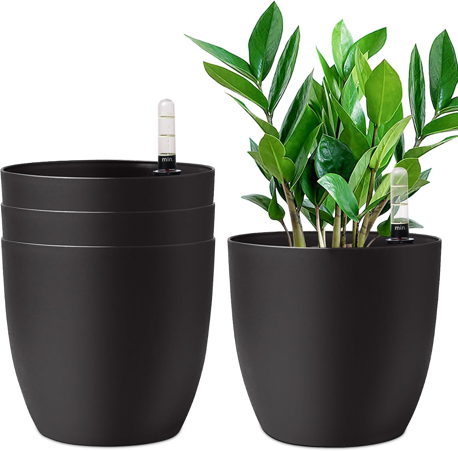 Detalle de T4U 22 cm Selbstwässernder Blumentopf 4er-Set mit Wasseranzeige – Schwarz