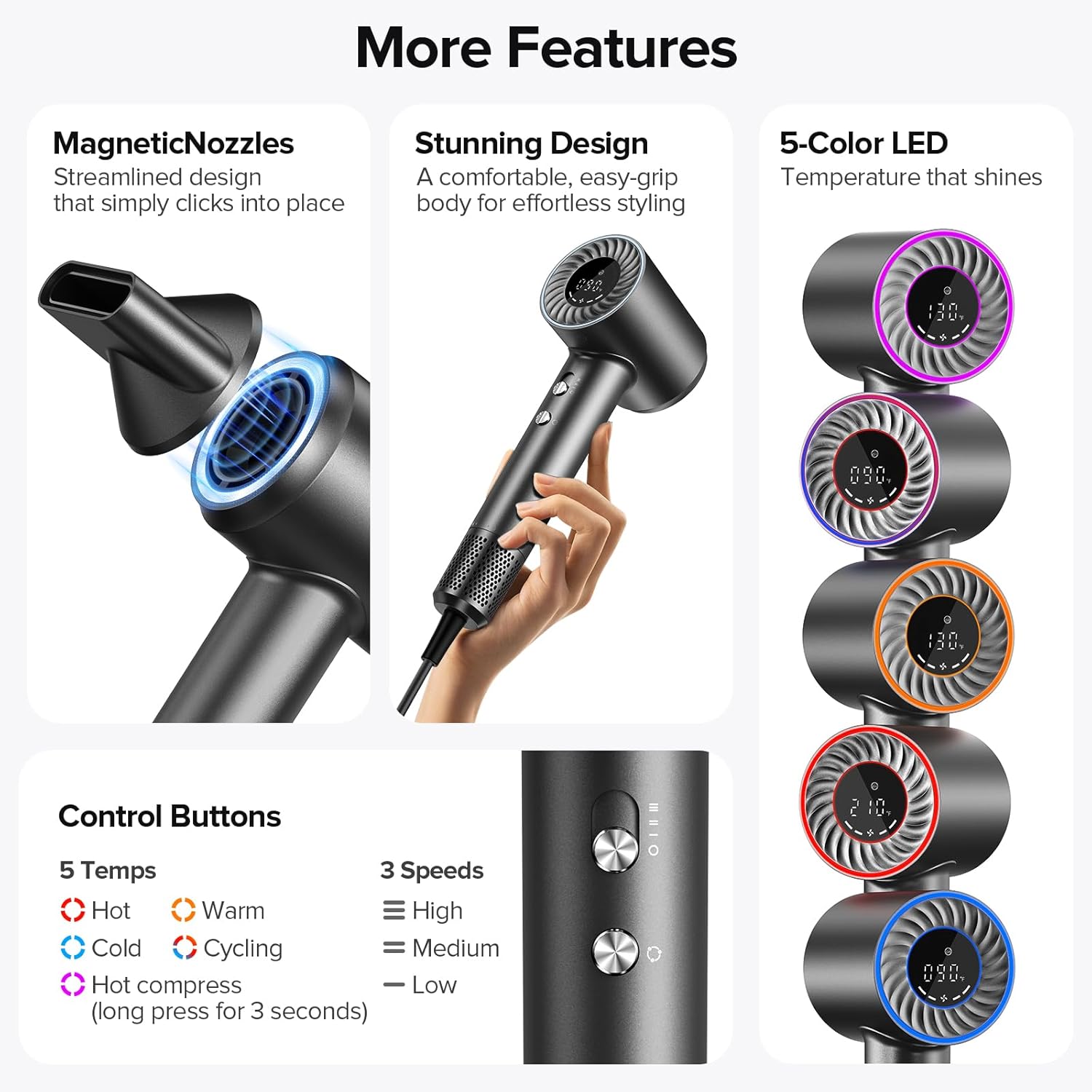 Thumbnail 5 de Hair Dryer with 150,000 RPM Brushless Motor, 500M Negative Ions, ThermoControl & Magnetic Nozzle/Diffuser