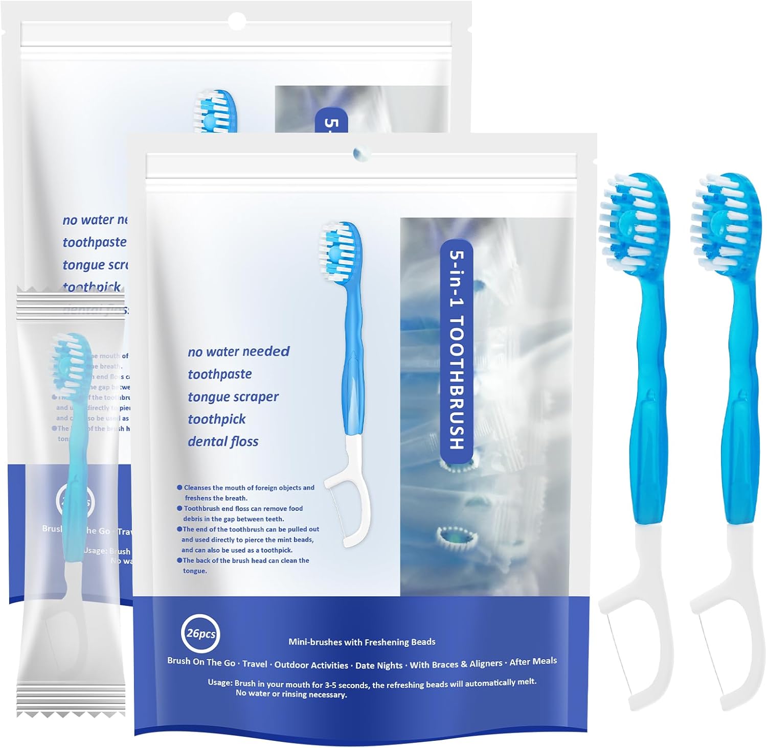 Thumbnail 6 de Malisseladi 5 in 1 Mini Brushes-Disposable Toothbrushes with Toothpaste + Floss + Pick + Tongue Scraper | Travel Size (Mint, 26 pcs)