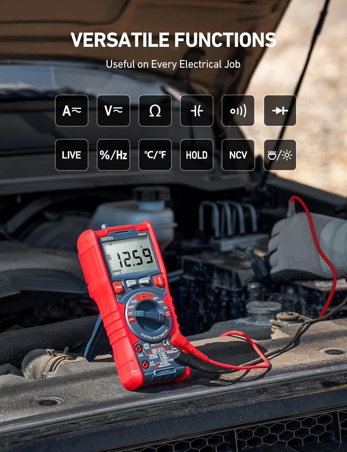 Detalle de AstroAI Multimètre numérique automatique TRMS 6000 : mesures AC/DC, résistance, continuité, diode, température et capacité