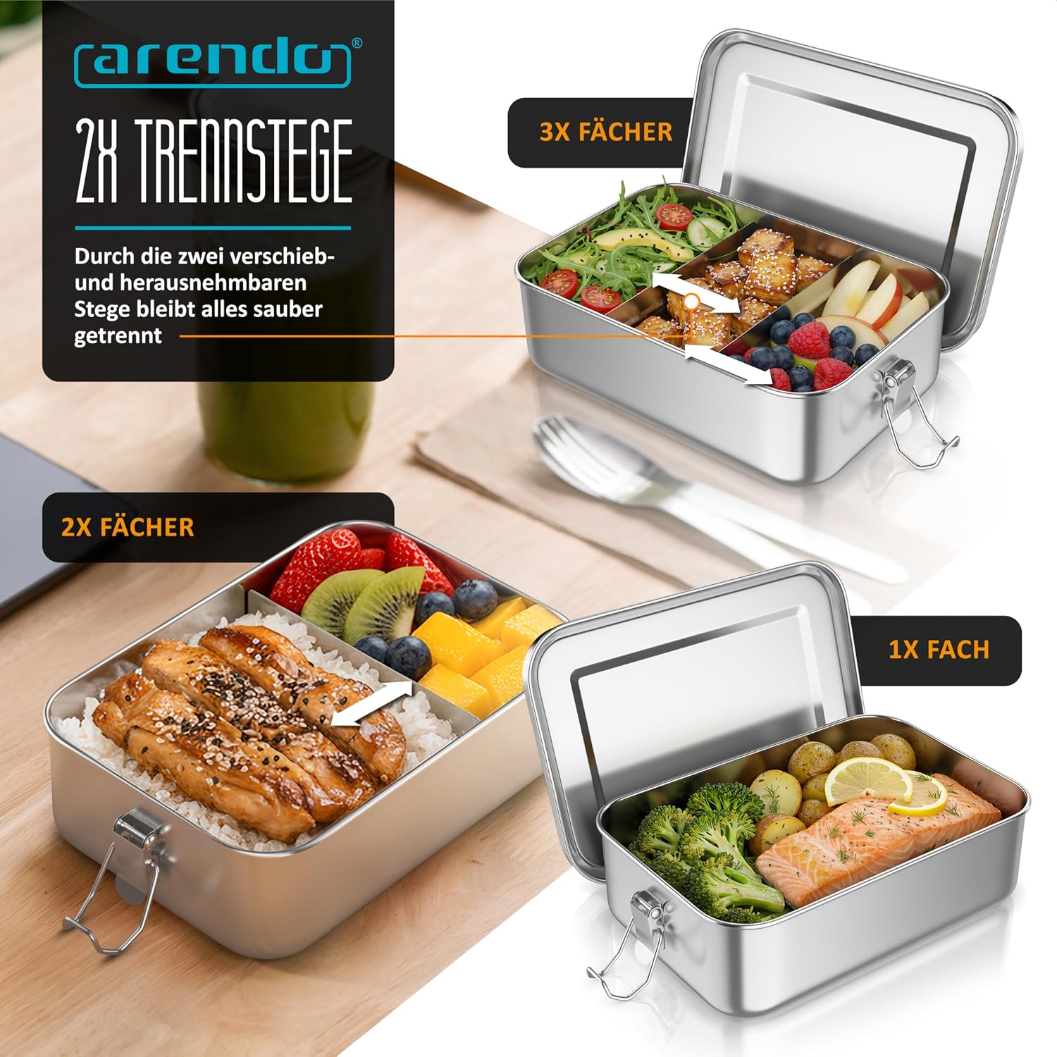 Detalle de Arendo Lunchbox aus Edelstahl 1.400 ml mit Fächern und Silikondichtung – auslaufsicher