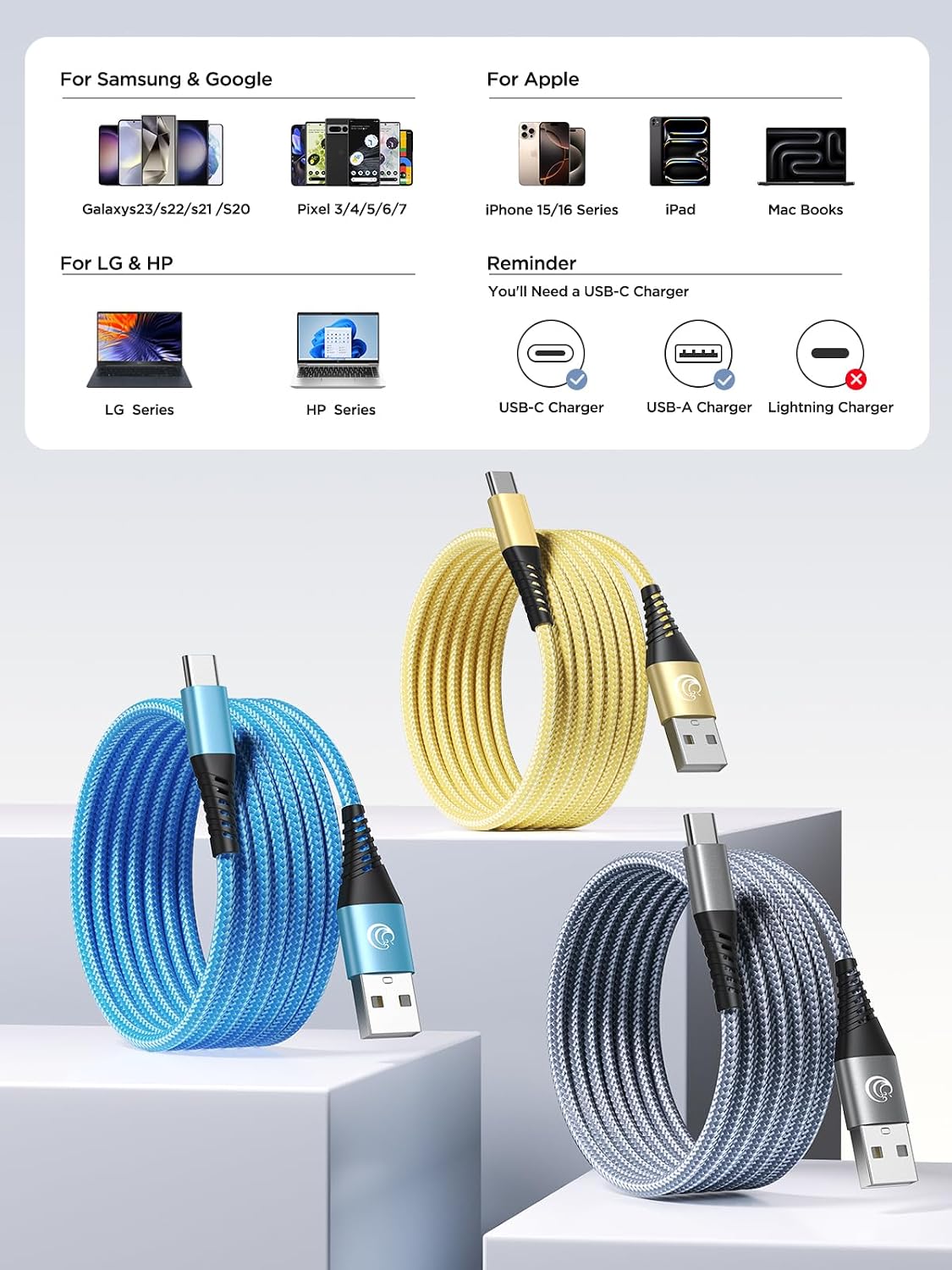 Detalle 2 de Aioneus Aioneus-EC-CC10FT3PACK USB-C Cable 3-Pack, 10 ft, Braided