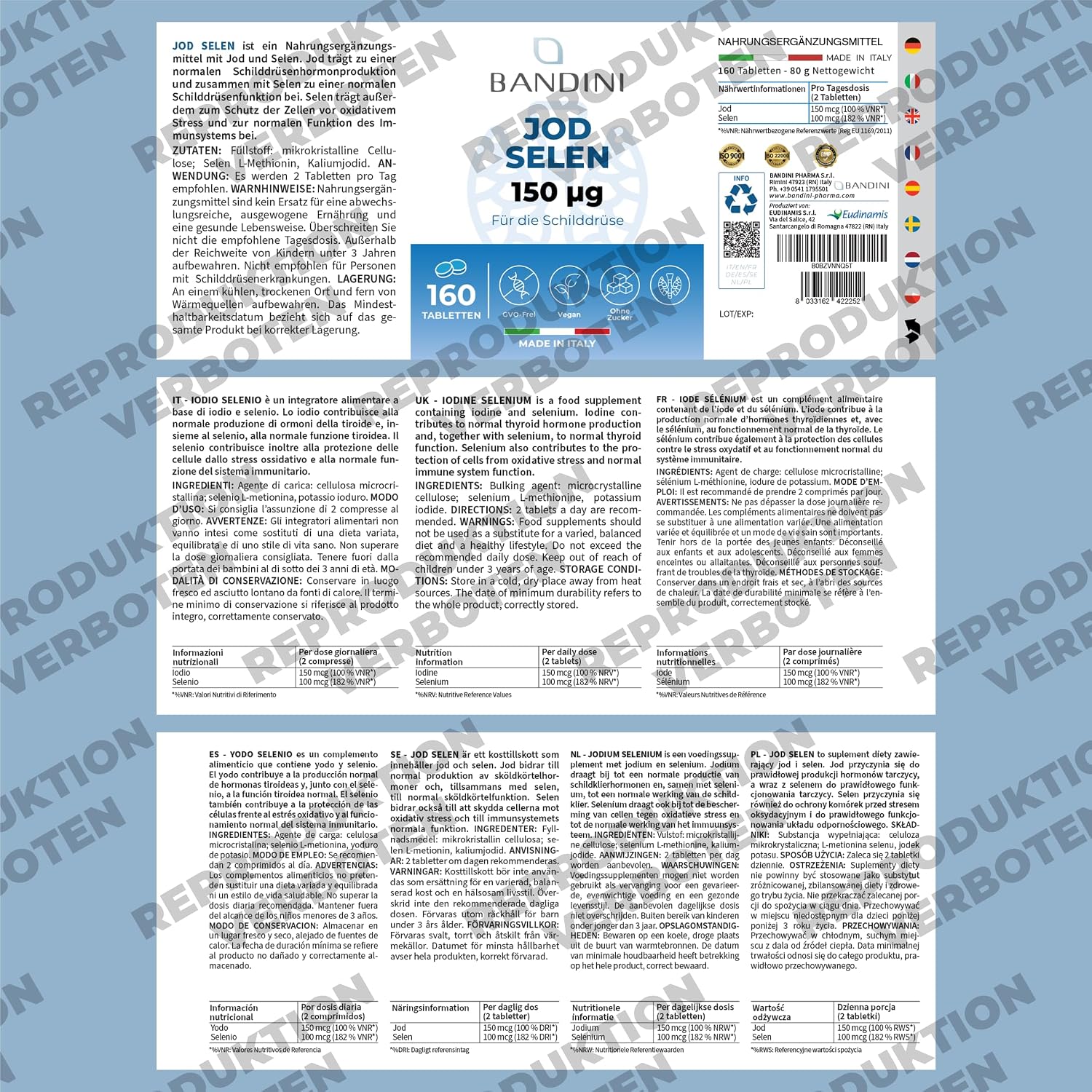 Detalle de Bandini® Jod & Selen Hochdosiert – 160 Tabletten, 80 Tage Vorrat