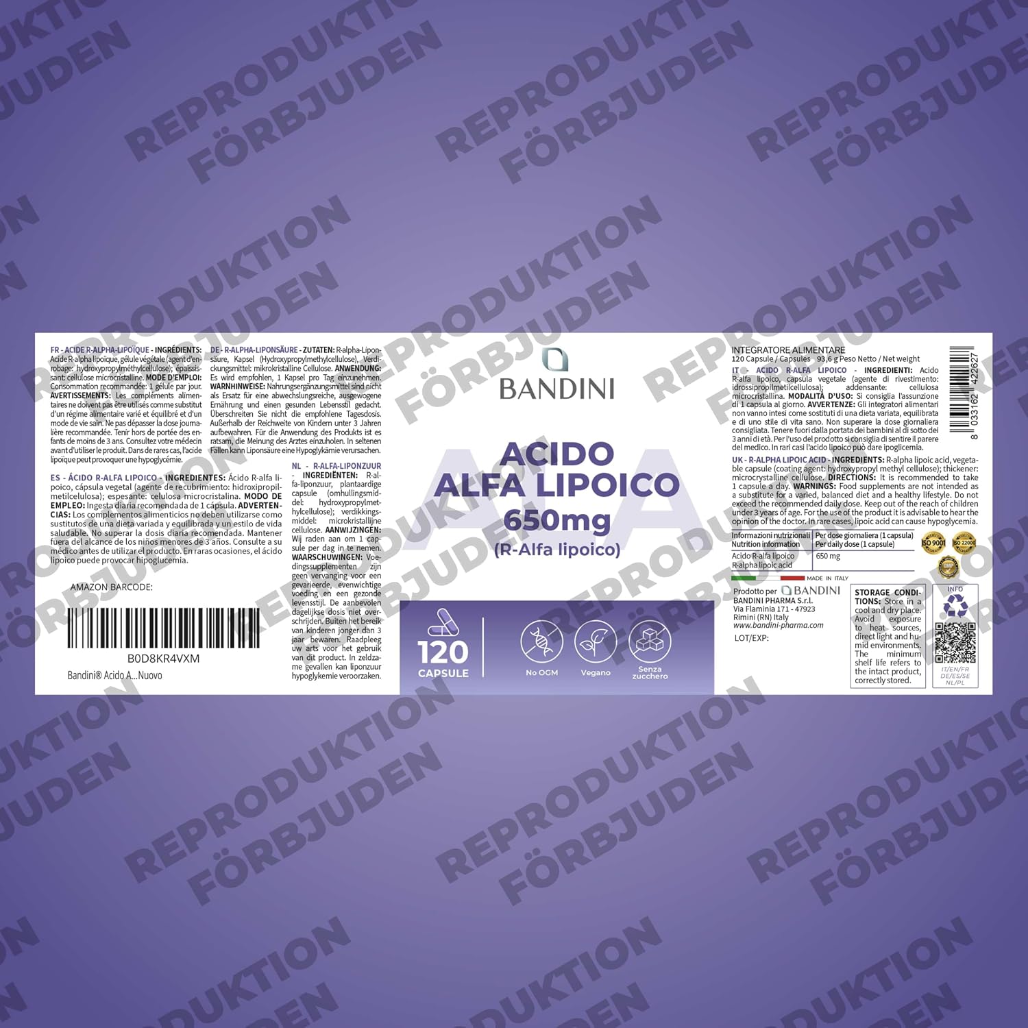 Detalle 1 de BANDINI ALA alfa-liponsyra 650 mg, 120 vegetariska kapslar