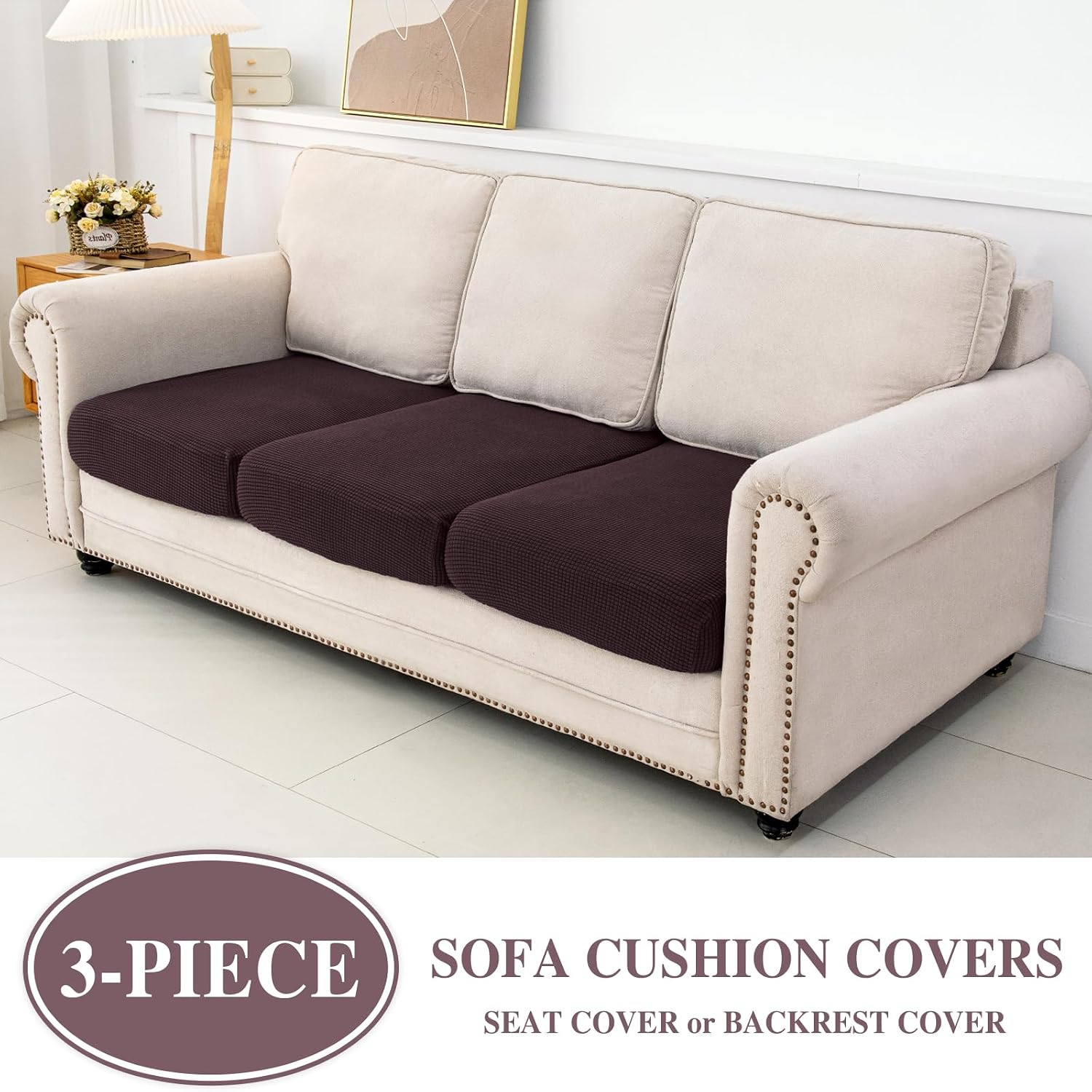 Detalle de LA MEACK Stretch Couch Cushion Covers (3-Piece) for Seat or Backrest, Brown