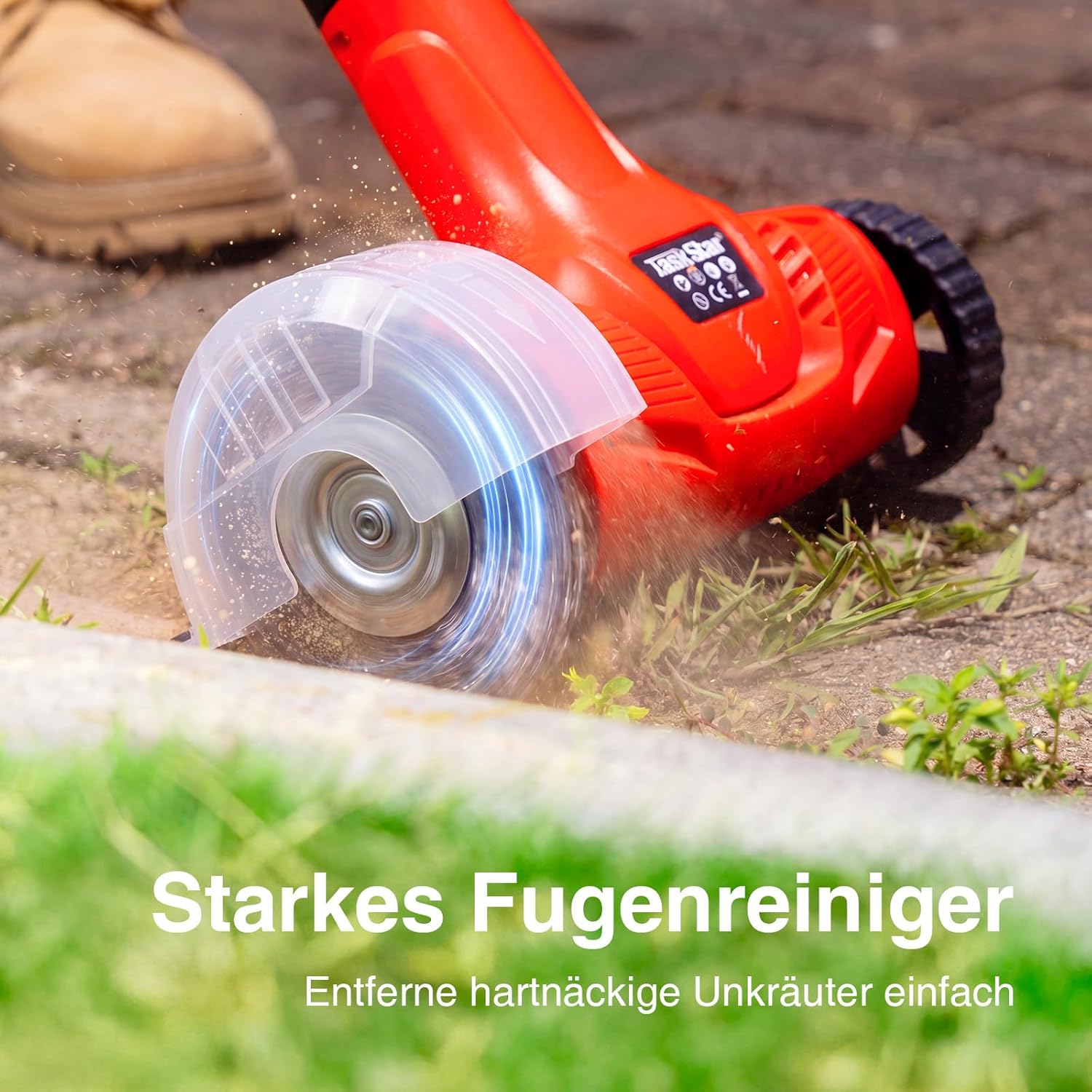 Detalle de Akku Fugenreiniger 21V Unkrautbürste – kabellos, verstellbarer Stiel, inkl. 3 Stahldraht- und 1 Nylonbürste