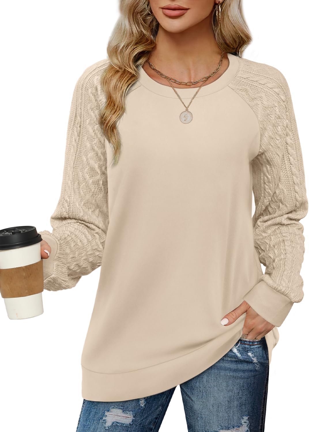 Detalle de Jescakoo Women's Cable-Knit Sleeve Sweatshirt, Lightweight and Soft