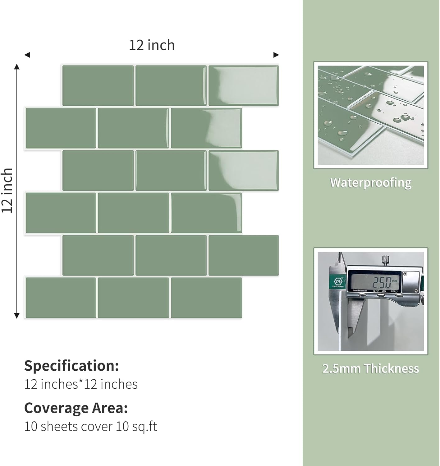 Thumbnail 2 de 10 Stück Upgrade dicke Klebefliesen (Vinyl) in Grün, 30,5 x 30,5 cm – wasserfest für Küche & Bad