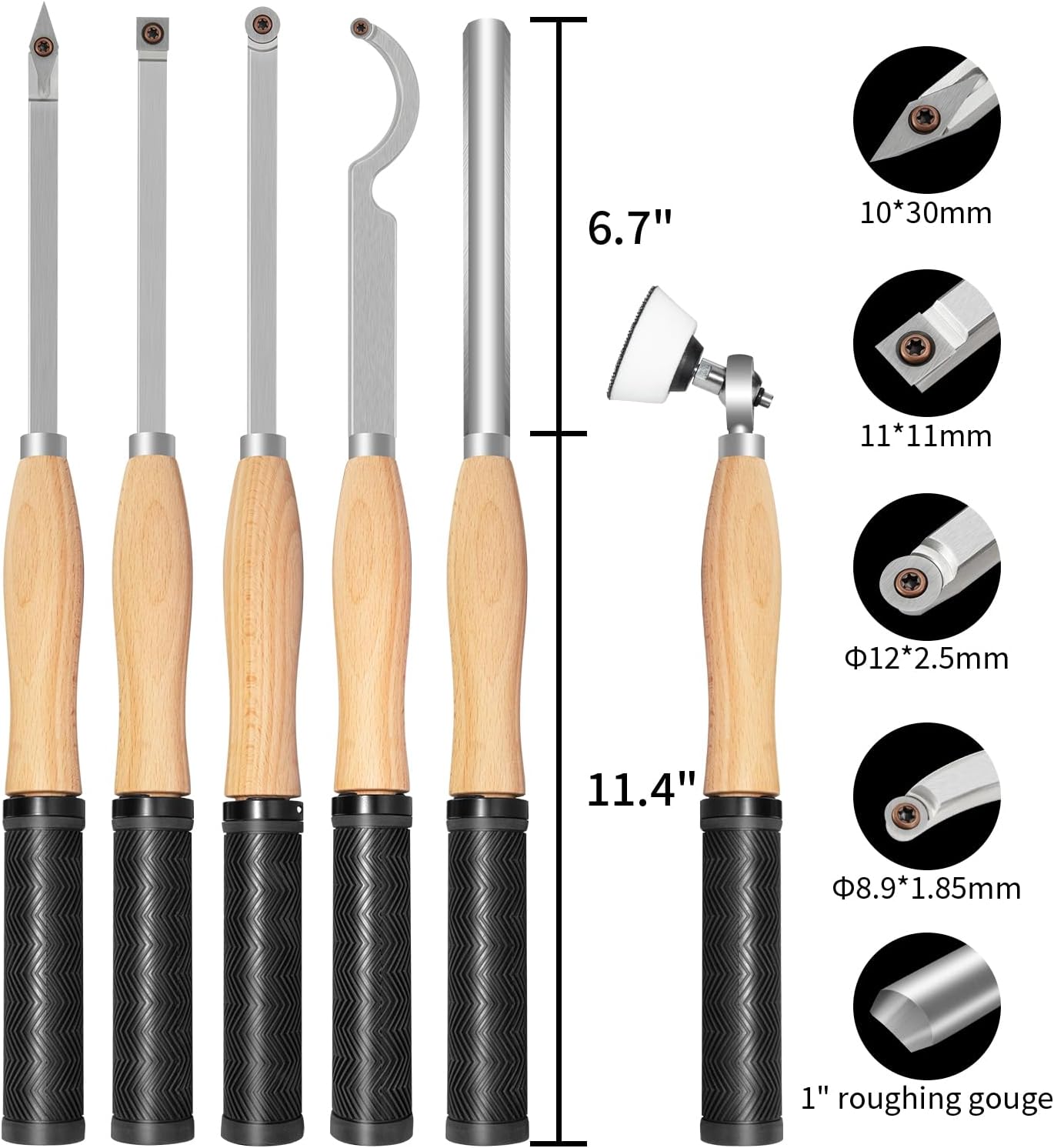 Detalle de DEEFIINE W0606B houtdraaigereedschapset met carbide snijders en komslijper