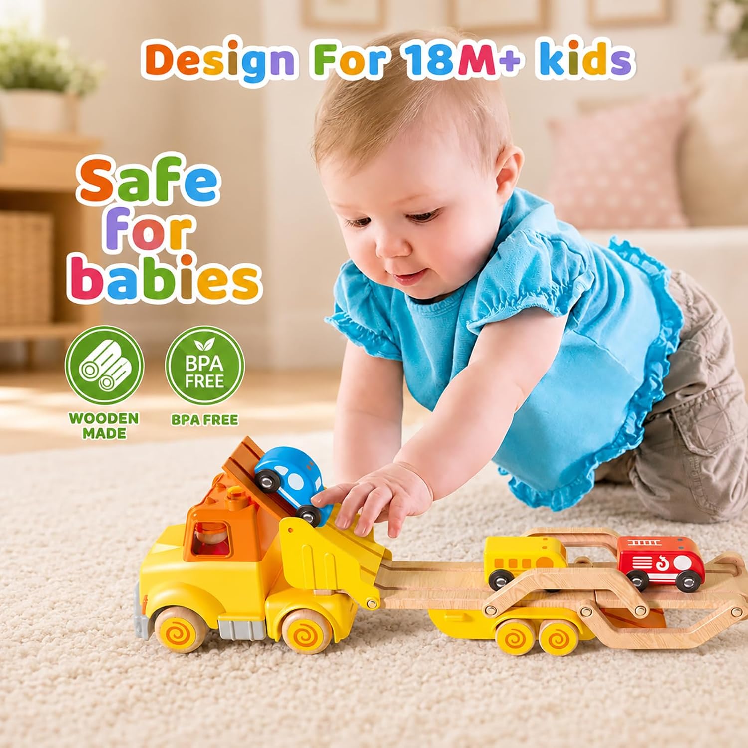 Thumbnail 1 de Toddler 7-in-1 Transport Trailer Toy Set with 6 Wooden Cars, Light & Sound 30in Foldable Track Trailer