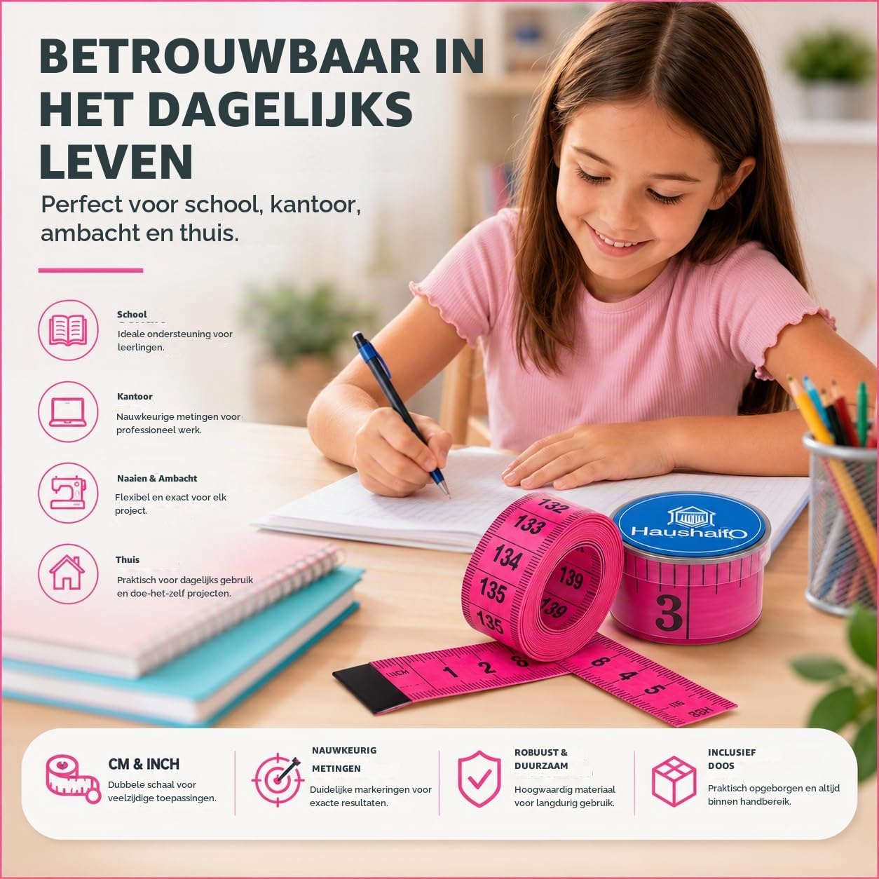 Detalle 2 de HaushaltO 4262521265474 kleermakersmeetlint 150 cm, cm en inch, roze