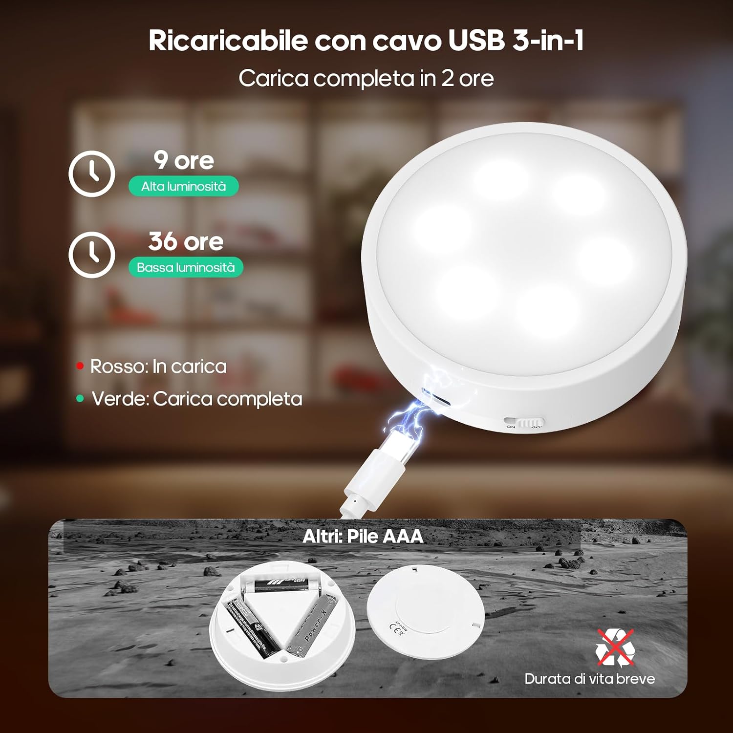 Detalle de GOODEA.fun Kabellose Vitrinenbeleuchtung – 6× Aufladbare RGBW-Puck Lights mit Fernbedienung