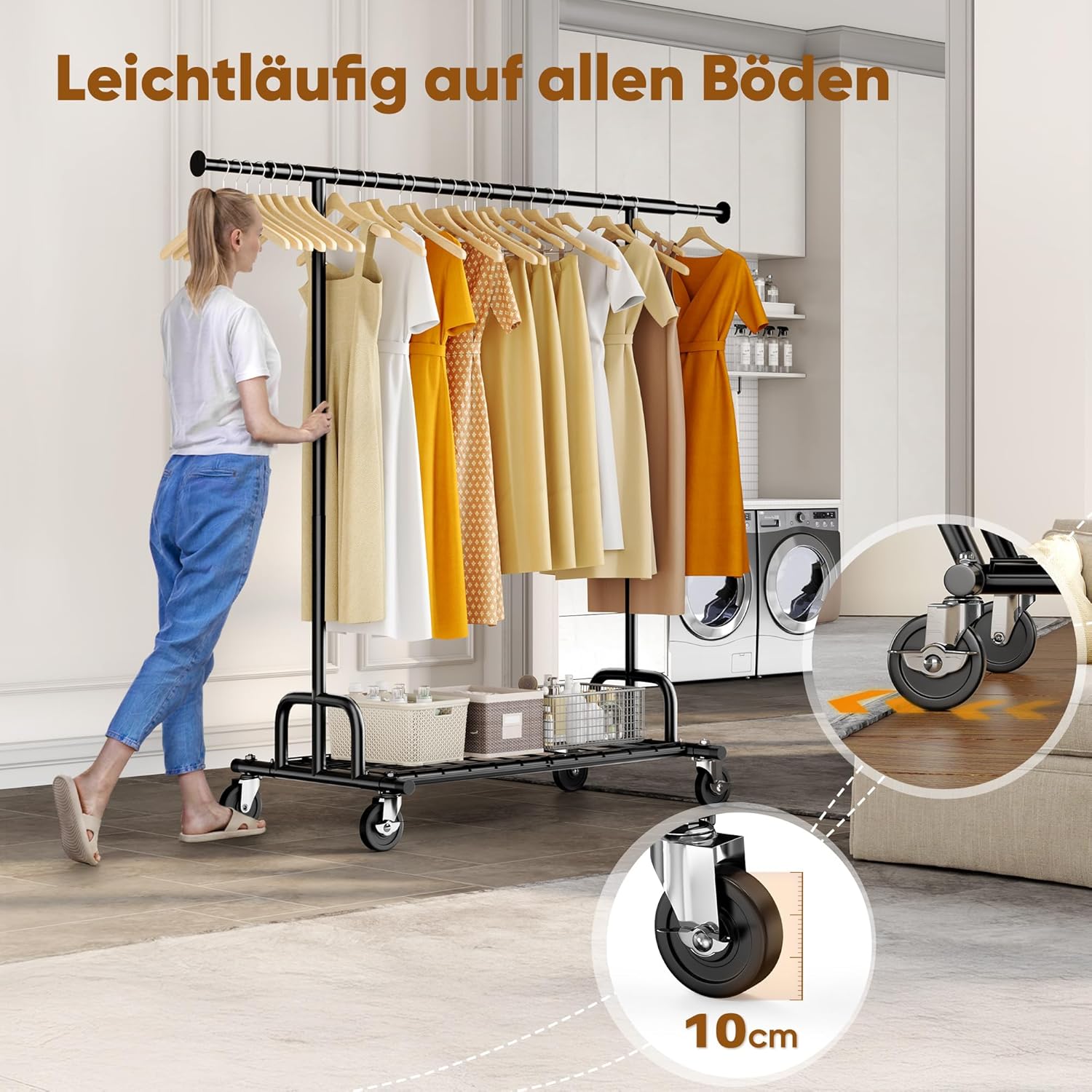 Detalle de HOKEEPER Heavy Duty Clothes Rail 238kg Capacity — Extendable, Locking Wheels and Bottom Shelf