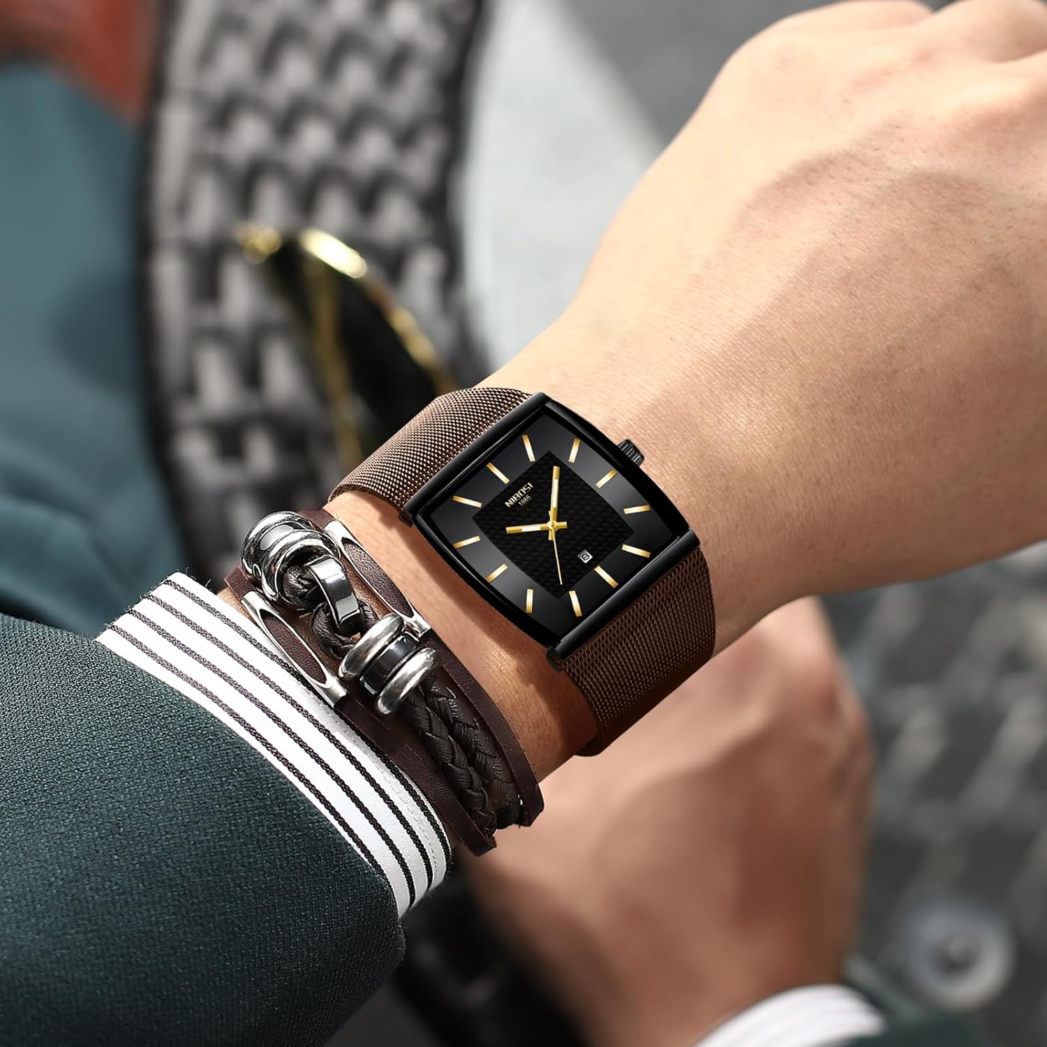 Thumbnail 5 de NIBOSI Herren Armbanduhr – quadratische Militärruhe mit Edelstahl-Meshband, 3 ATM wasserdicht
