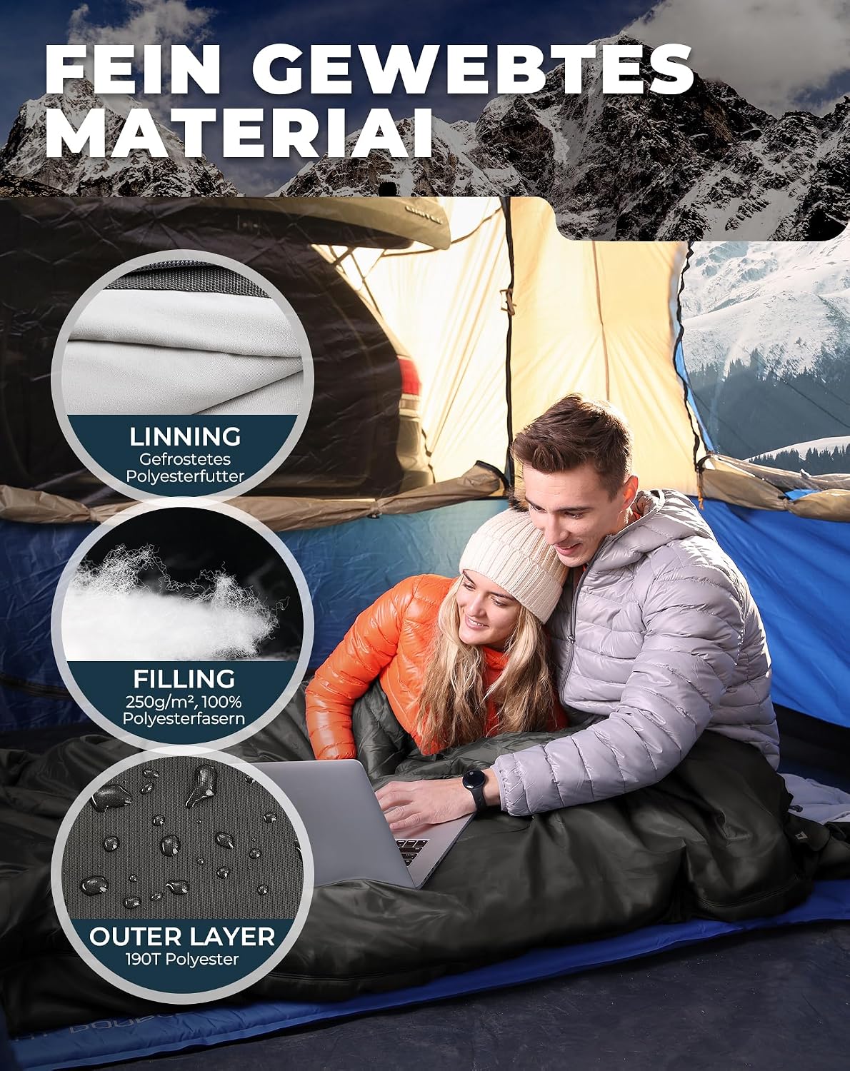 Thumbnail 3 de KingCamp Deckenschlafsack Doppelschlafsack 220 × 150 cm mit 2 Kissen – ideal für Familiencamping