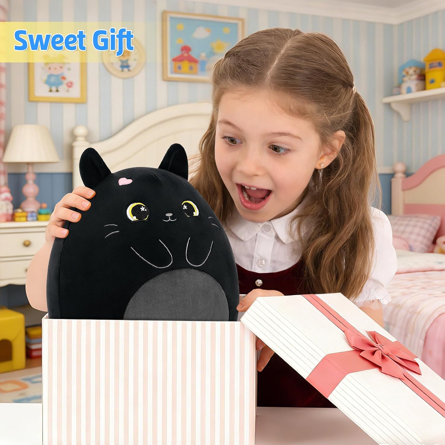 Detalle 2 de Shownicer Plüschtier Katze Schwarz – 30 cm Kuschelkissen, Weiches Plüschtier Katze