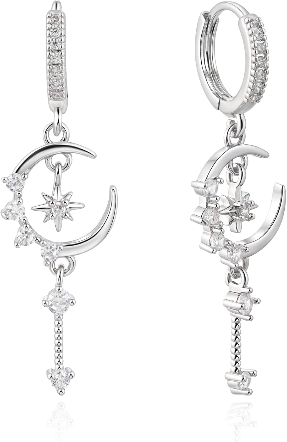 Detalle de Weviway Moon and Star Huggie Dangle Earrings for Women – Celestial Silver with Cubic Zirconia
