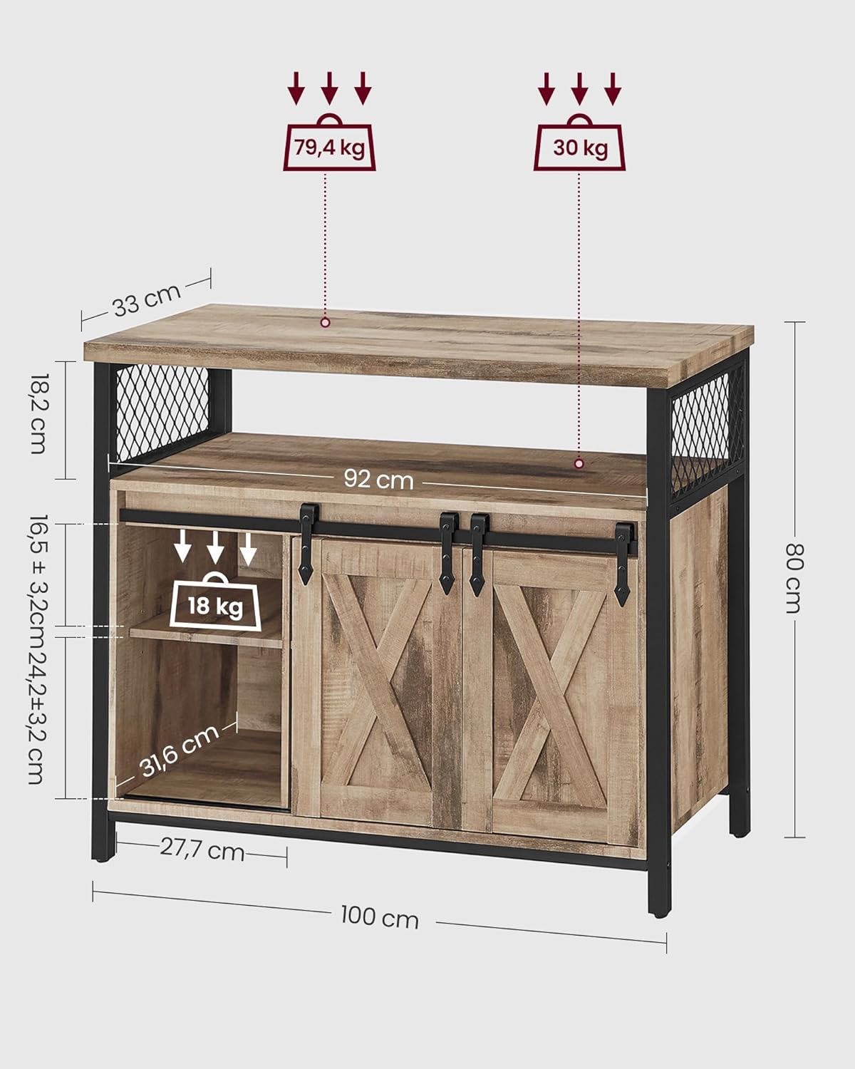 Detalle de VASAGLE Meuble de rangement buffet 33 x 100 x 80 cm pour salon
