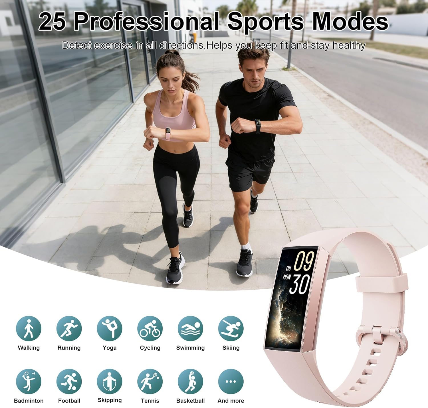 Thumbnail 2 de Jimhaby Fitness Tracker Smartwatch with 1.13" AMOLED, 24/7 Heart & Sleep Tracking, Blood Oxygen & 25 Sports Modes (Pink, IP68)