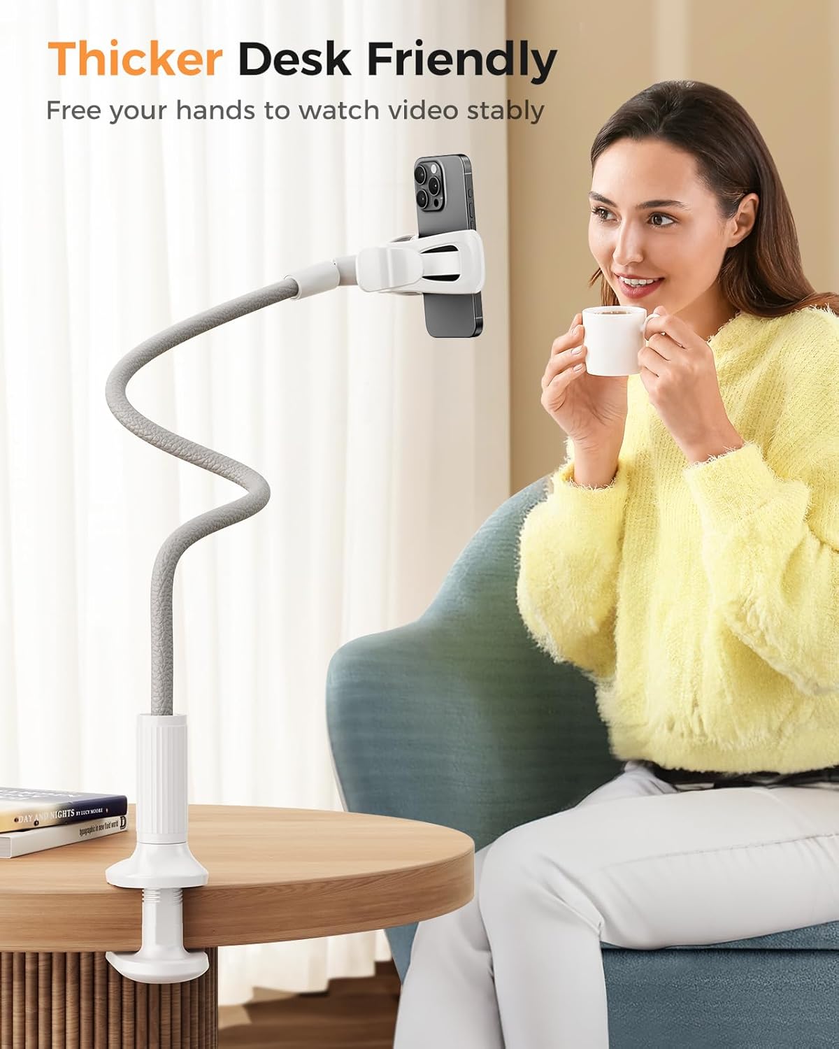Thumbnail 5 de SAIJI Gooseneck Phone Stand for Bed (Grey) — 98cm Long-Arm Clip Clamp Holder for 4–7" Phones & Switch