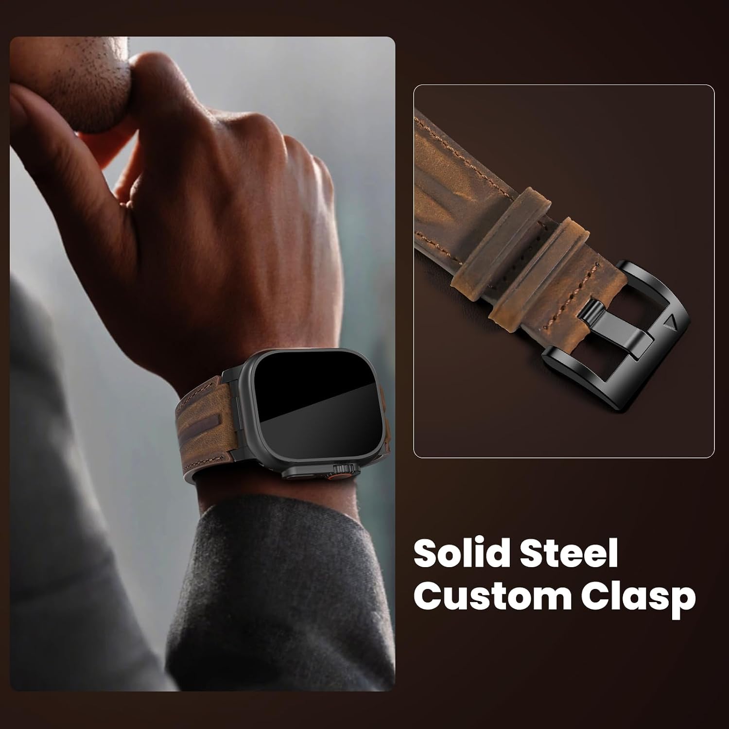 Detalle de Bouixel Top Grain Leather Strap for Apple Watch Ultra & Series (42–49mm) with Rugged Metal Connector