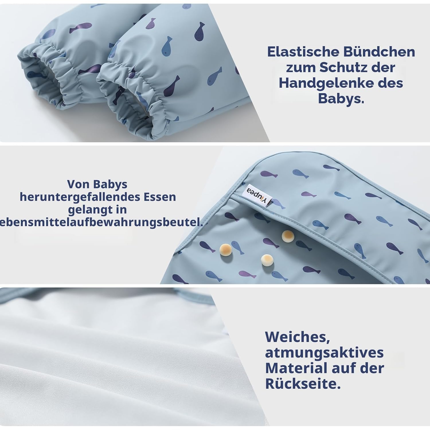 Detalle de Yiupea Lätzchen mit Ärmeln „Mess Proof“ (Baby Led Weaning), wasserdicht & maschinenwaschbar – Blau, 6–24 Monate