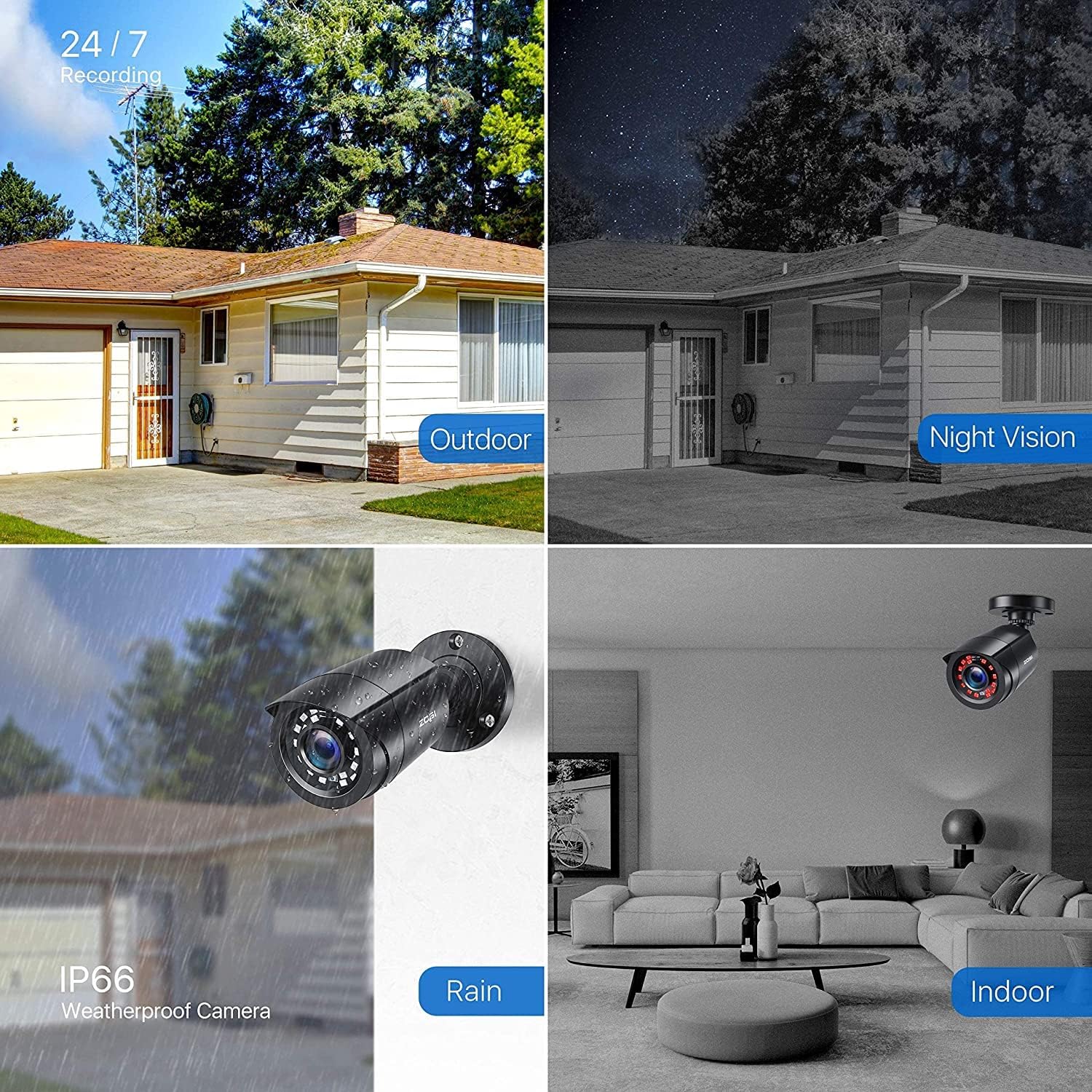 Detalle 2 de ZOSI 4 Pack 2MP 1080p HD-TVI Outdoor/Indoor Bullet Security Cameras (Black) with IR Night Vision