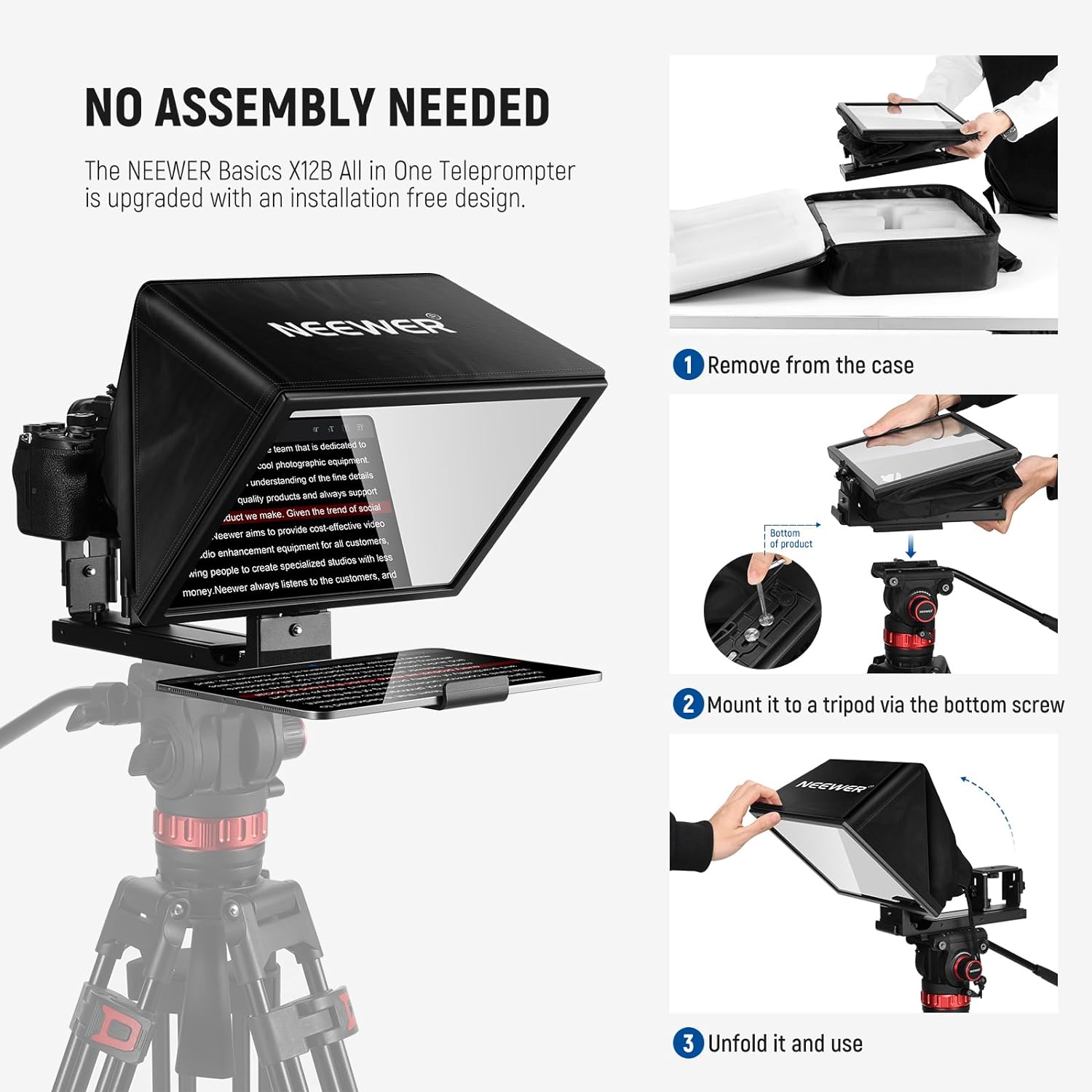 Detalle 2 de Neewer BASICS X12B 12" Aluminum Alloy Liftable Teleprompter for iPad, Tablet, DSLR Cameras