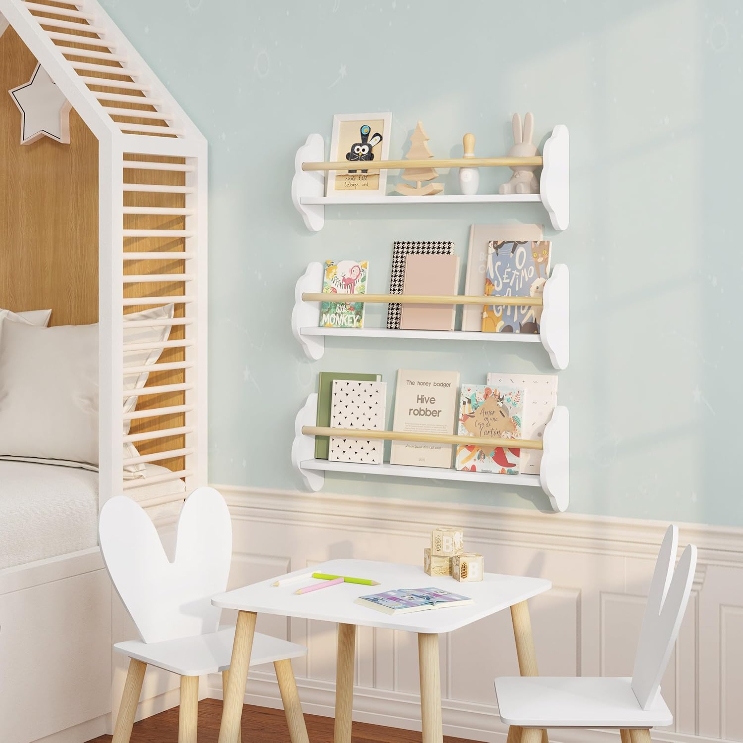 Thumbnail 1 de WOLTU libreria da parete per bambini con 3 mensole (3 mensole sospese) in pino e MDF, bianco