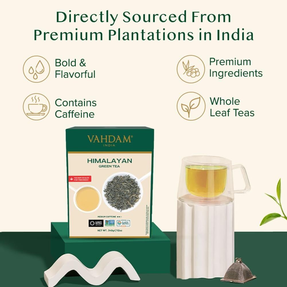 Detalle de VAHDAM Himalayan Grüner Tee (340 g) – 100% reiner Grüntee aus dem Himalaya, Indien