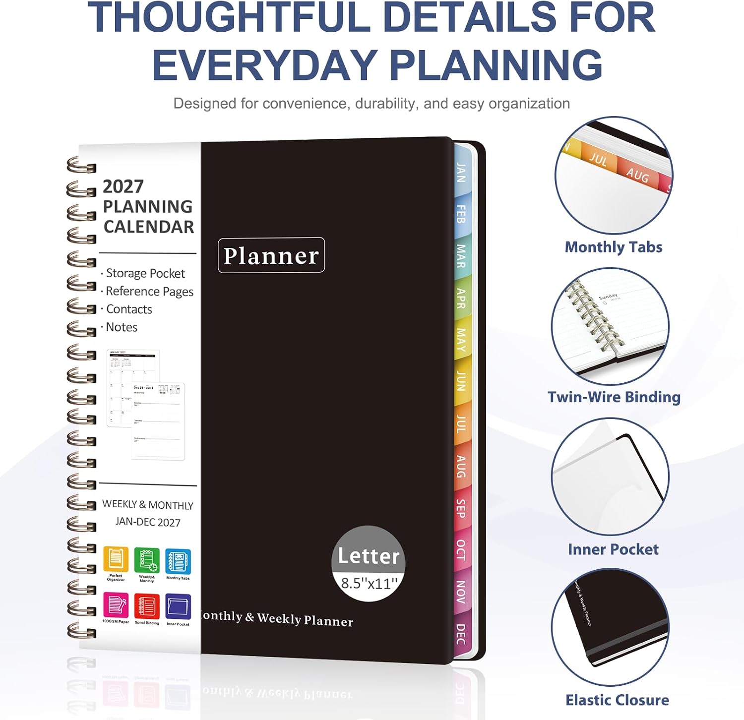 Thumbnail 4 de VALOME 2027 Planner, Letter-Size Hardcover Spiral Calendar with Weekly and Monthly Pages