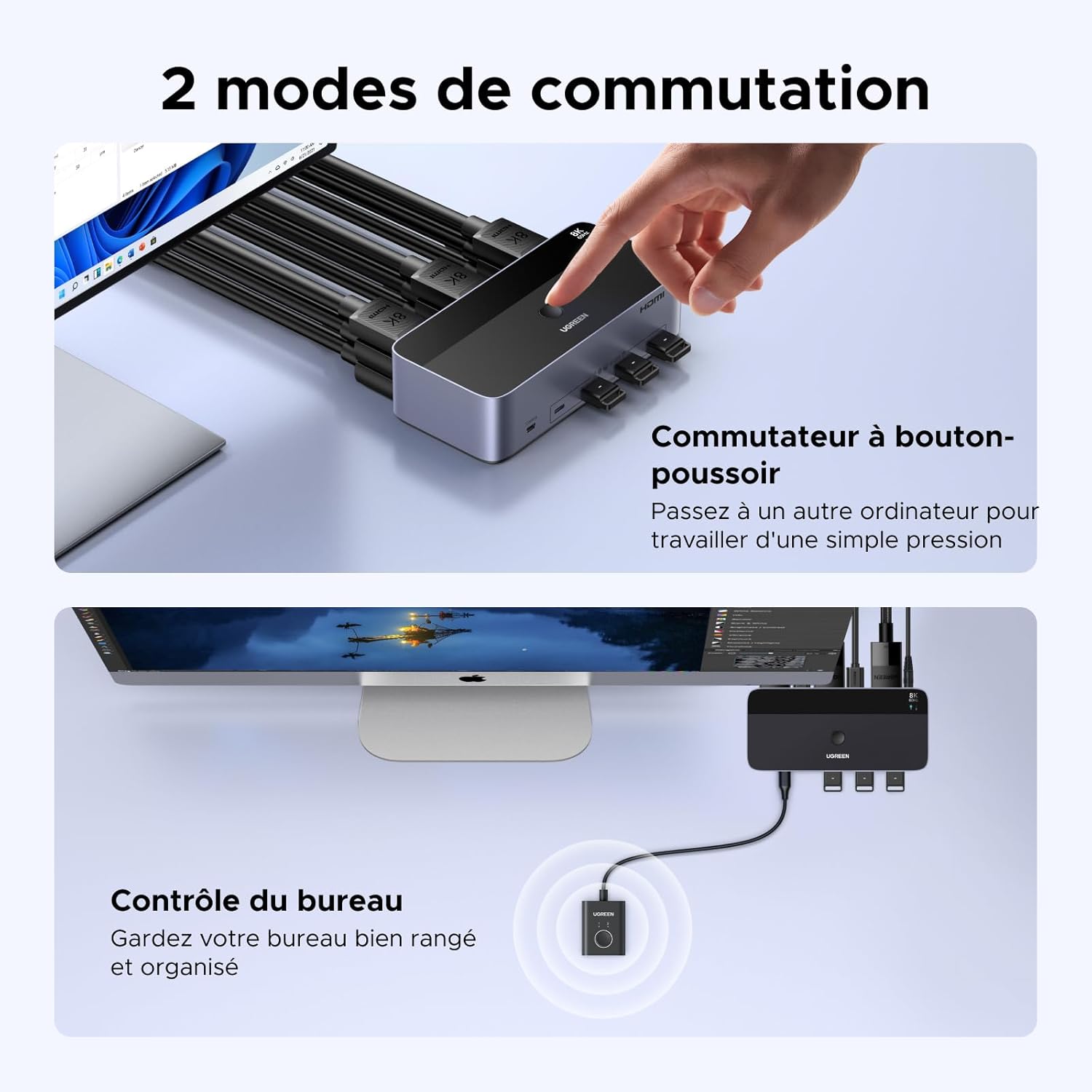 Detalle 1 de UGREEN Switch KVM HDMI+DP à 2 entrées et 3 sorties (8K 60 Hz) double affichage