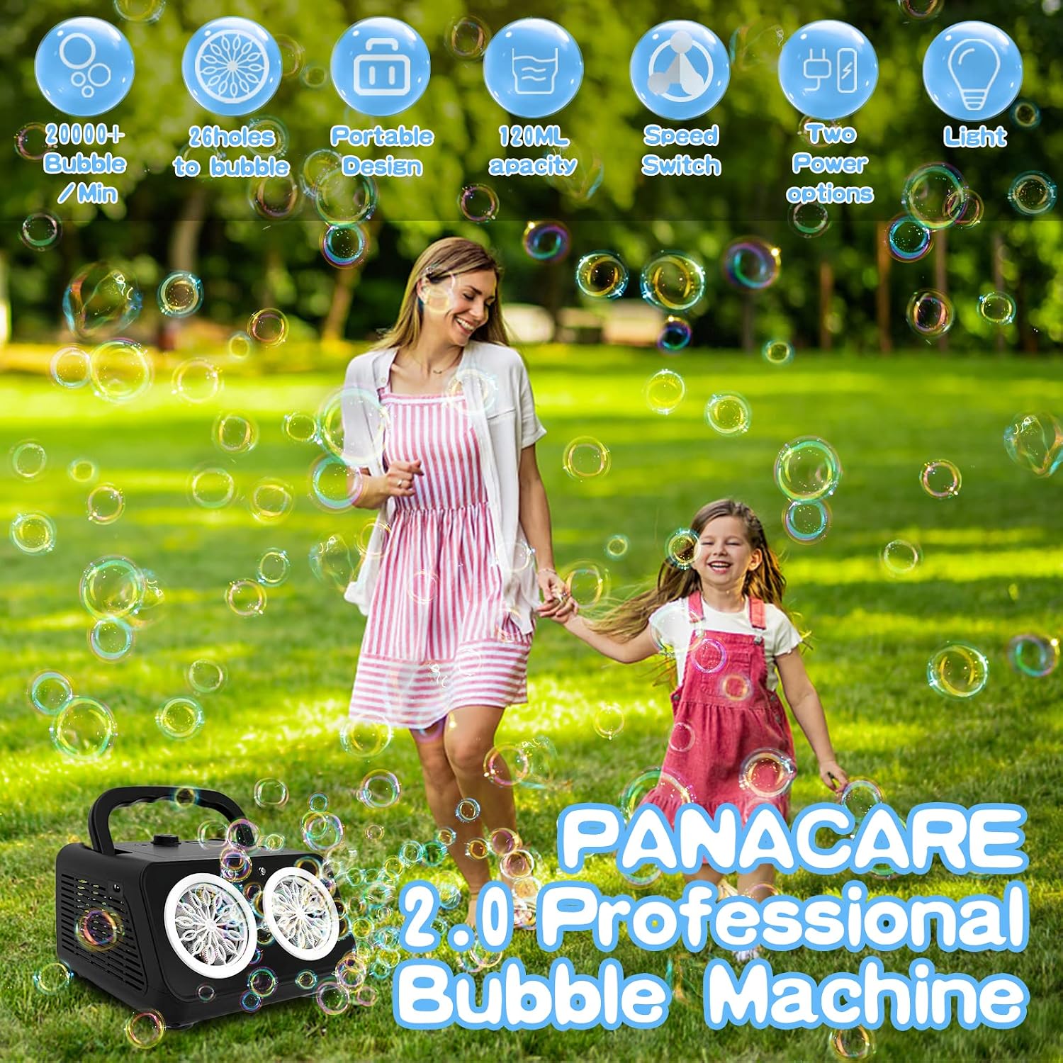 Detalle de PANACARE 2.0 Automatische Seifenblasenmaschine – Tragbar, 20000+ Blasen/Min, 26 Löcher