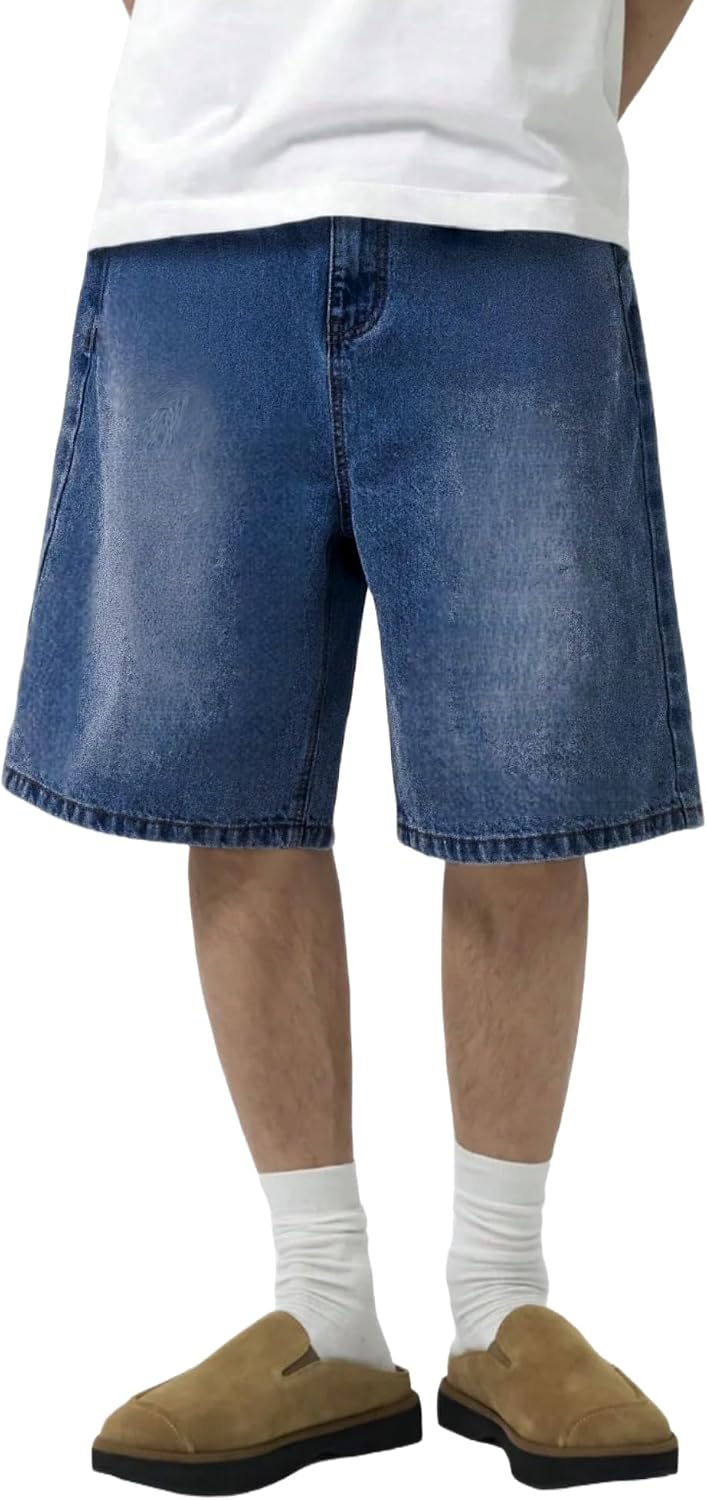 Detalle de LuminBlaze Men's Baggy Denim Jorts, Loose Wide-Leg Fit, Five Pockets