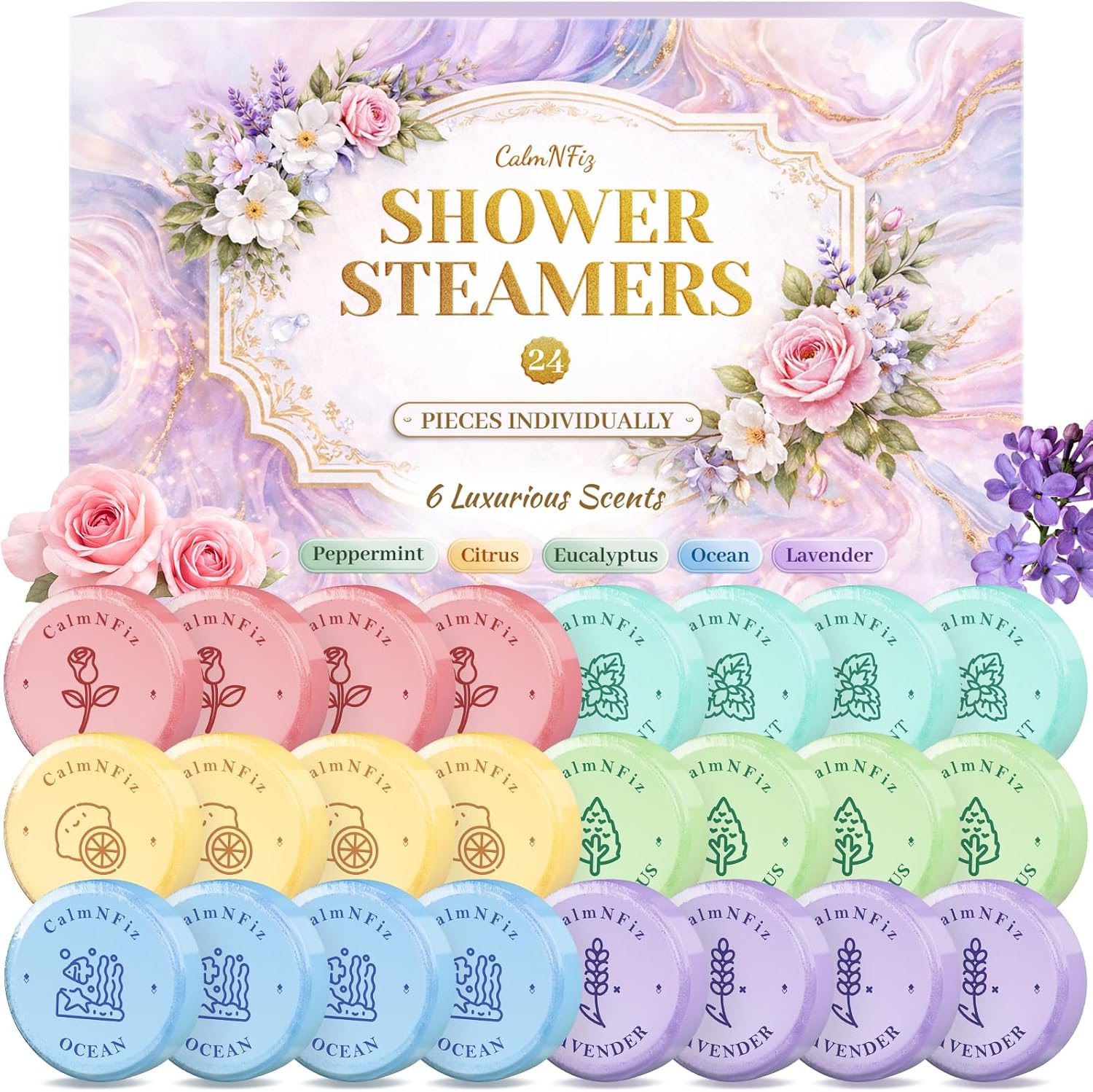 Detalle de CalmNFiz Shower Steamers, 24-Piece Set